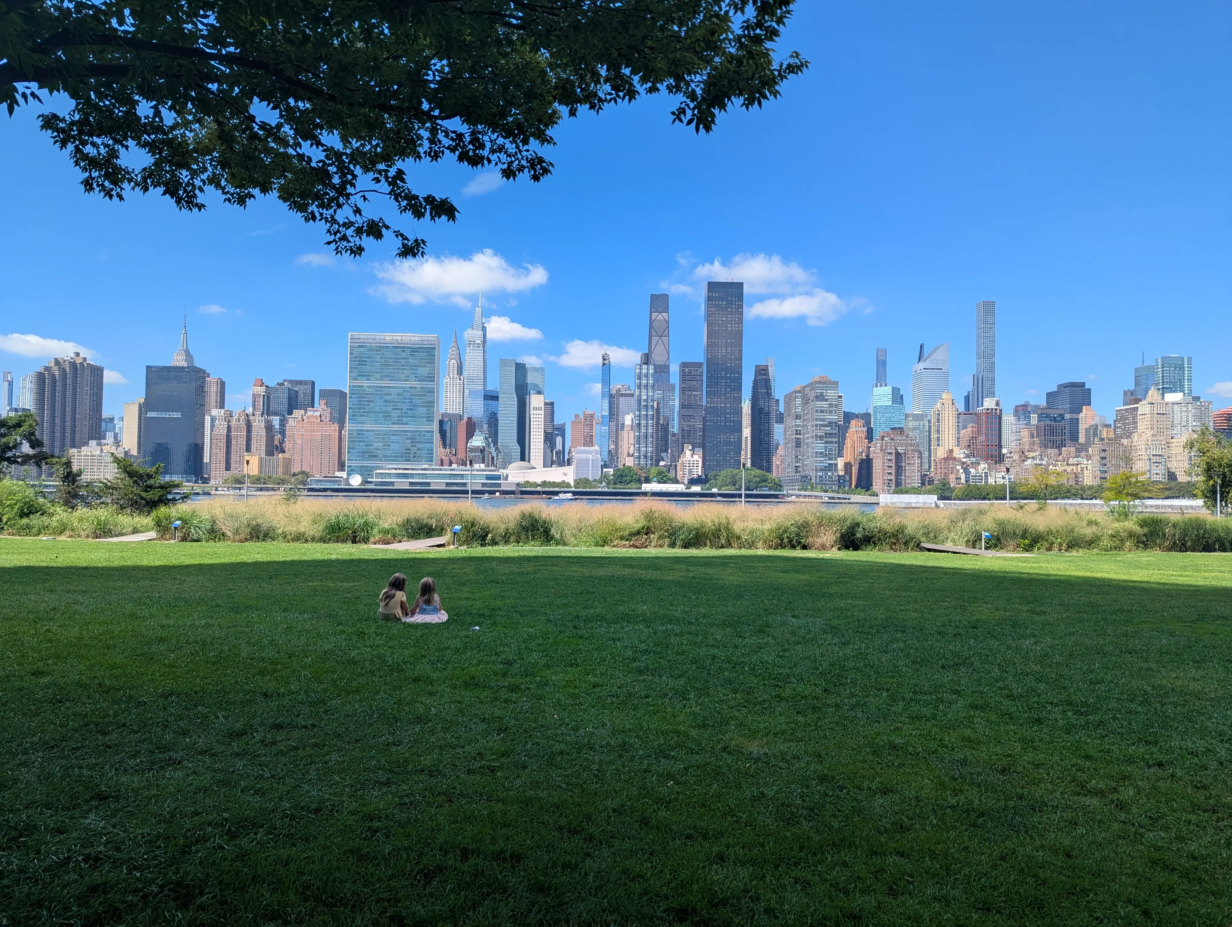 the author's two kids sitting on a lawn looking at the city