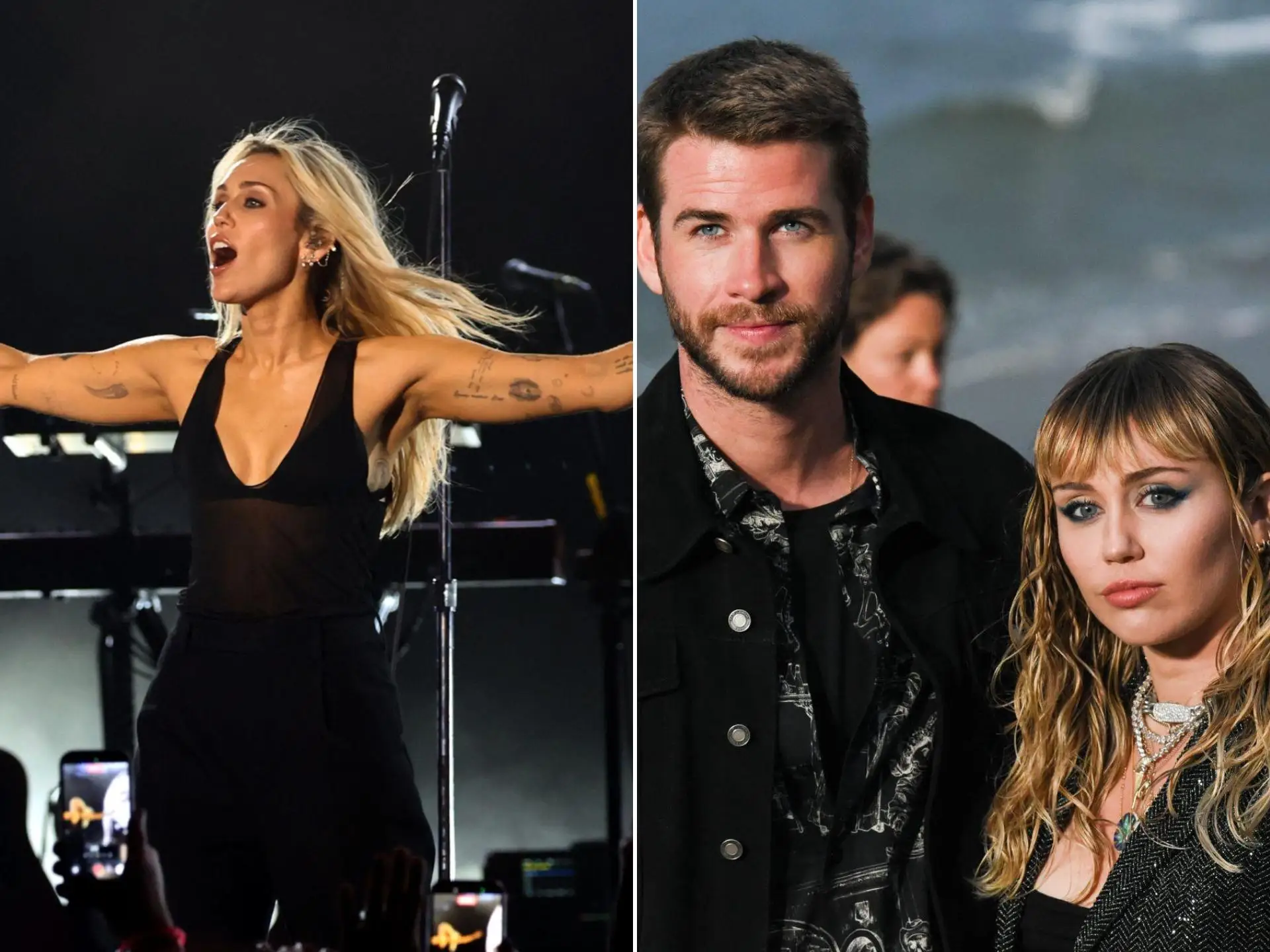 Miley cyrus at Hollywood Bowl stitched with her and Liam.