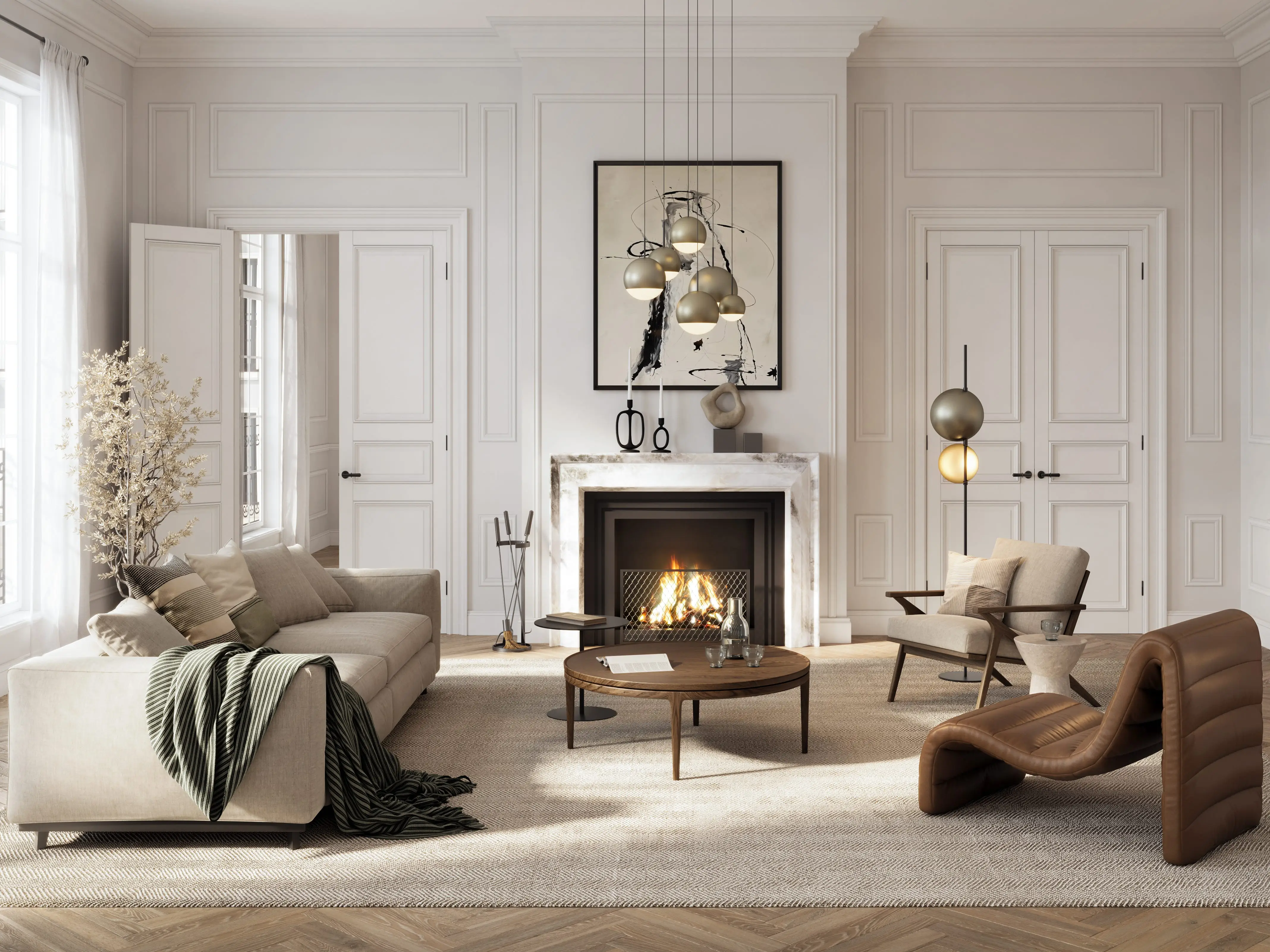 living room showcasing a beige sofa, fireplace, and sleek lighting fixtures