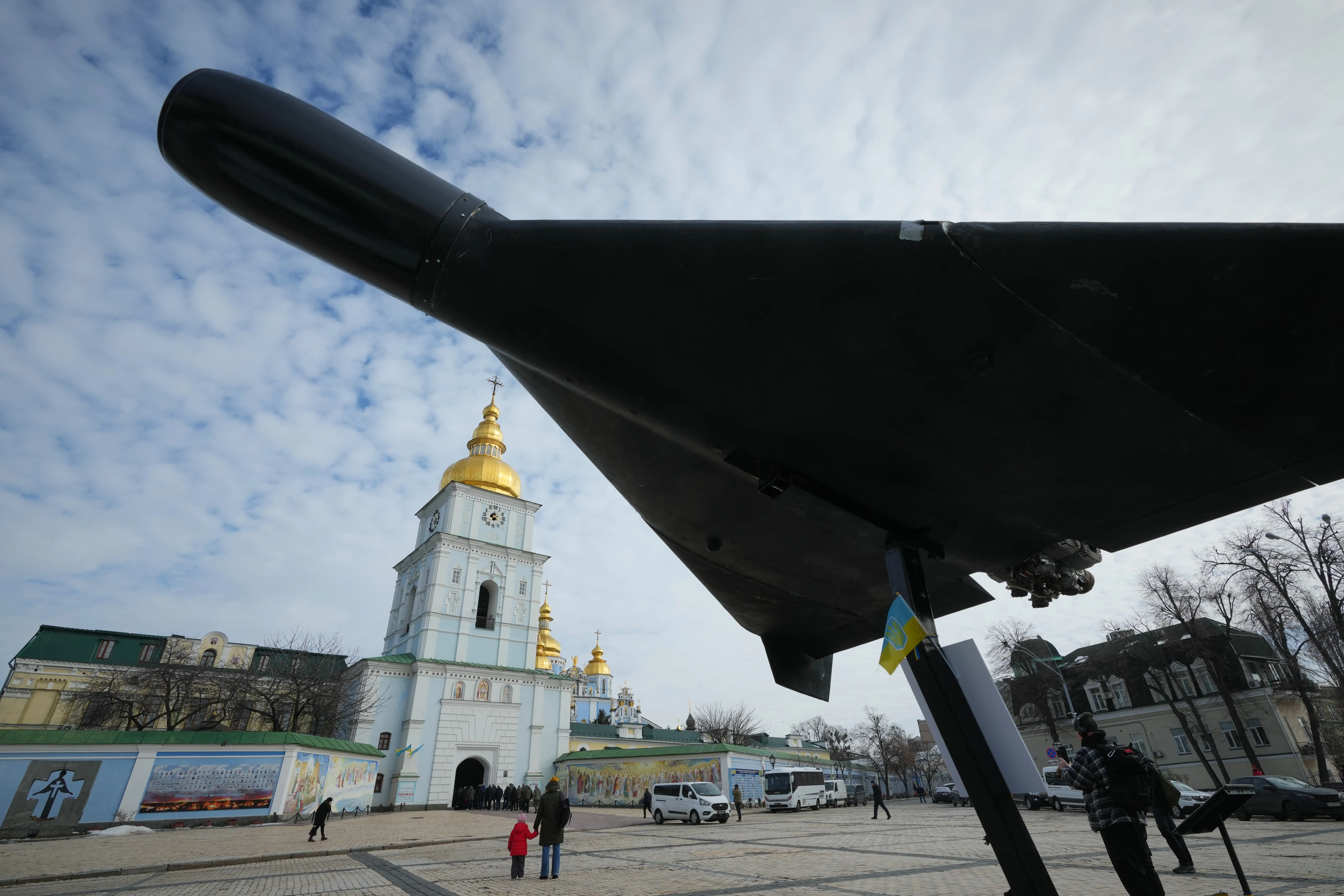 A Geran-2 is displayed outside a Ukrainian church.