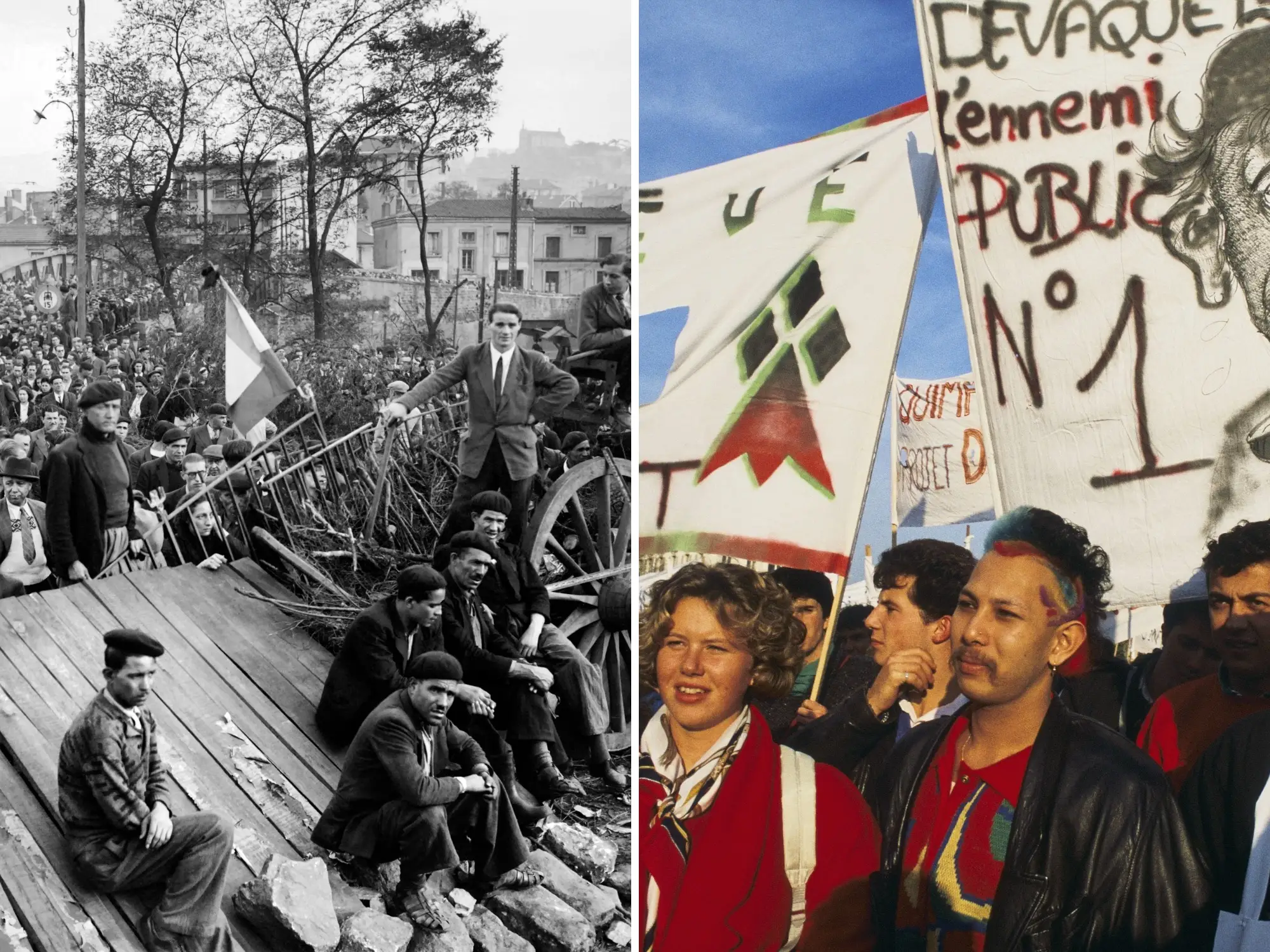 Split view of crowds at demonstrations, with a black-and-white street barricade scene and color protest signs.
