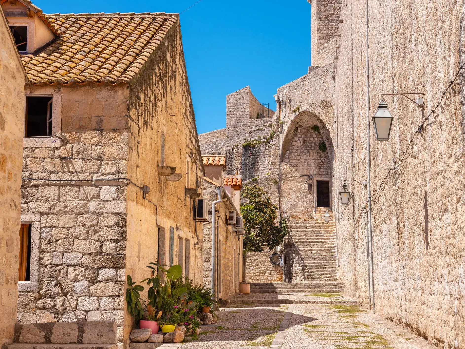 A street with buildings in Dubrovnik's walled Old Town.