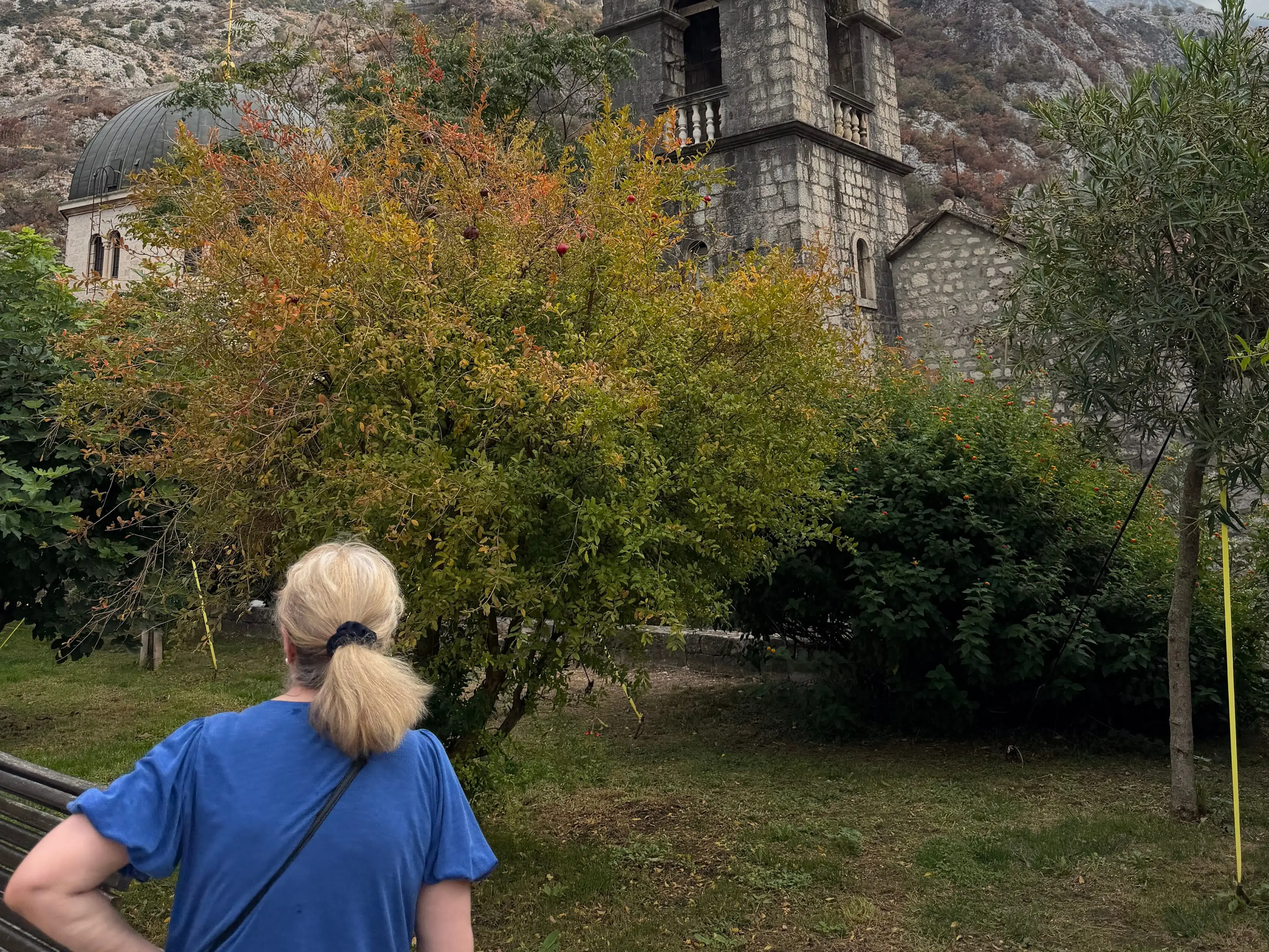 Agnes' mom looks up at an old church in Kotor, Montenegro.