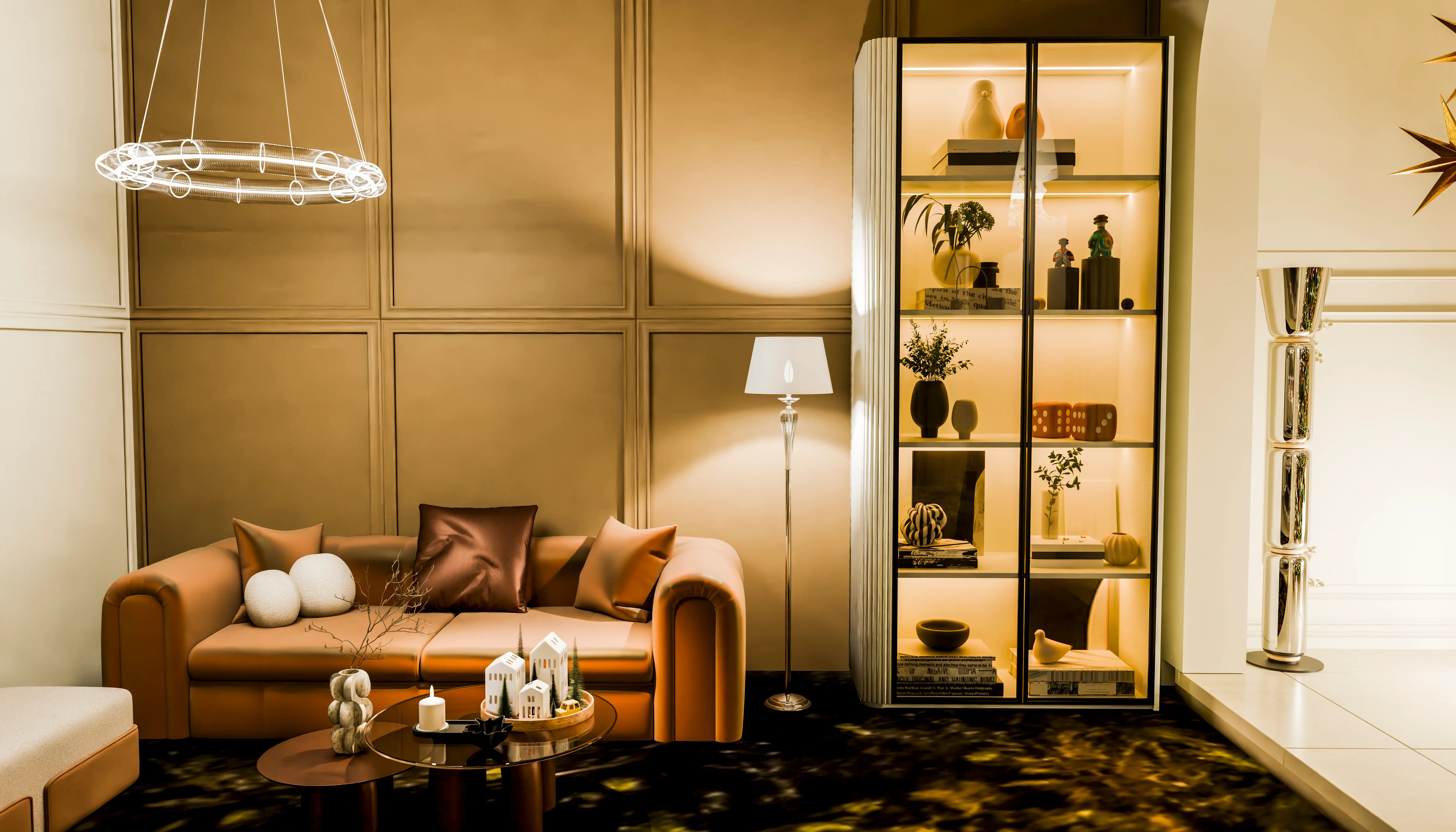 Warmly lit modern living room with a brown sofa, round coffee table, floor lamp, chandelier, and illuminated shelving.