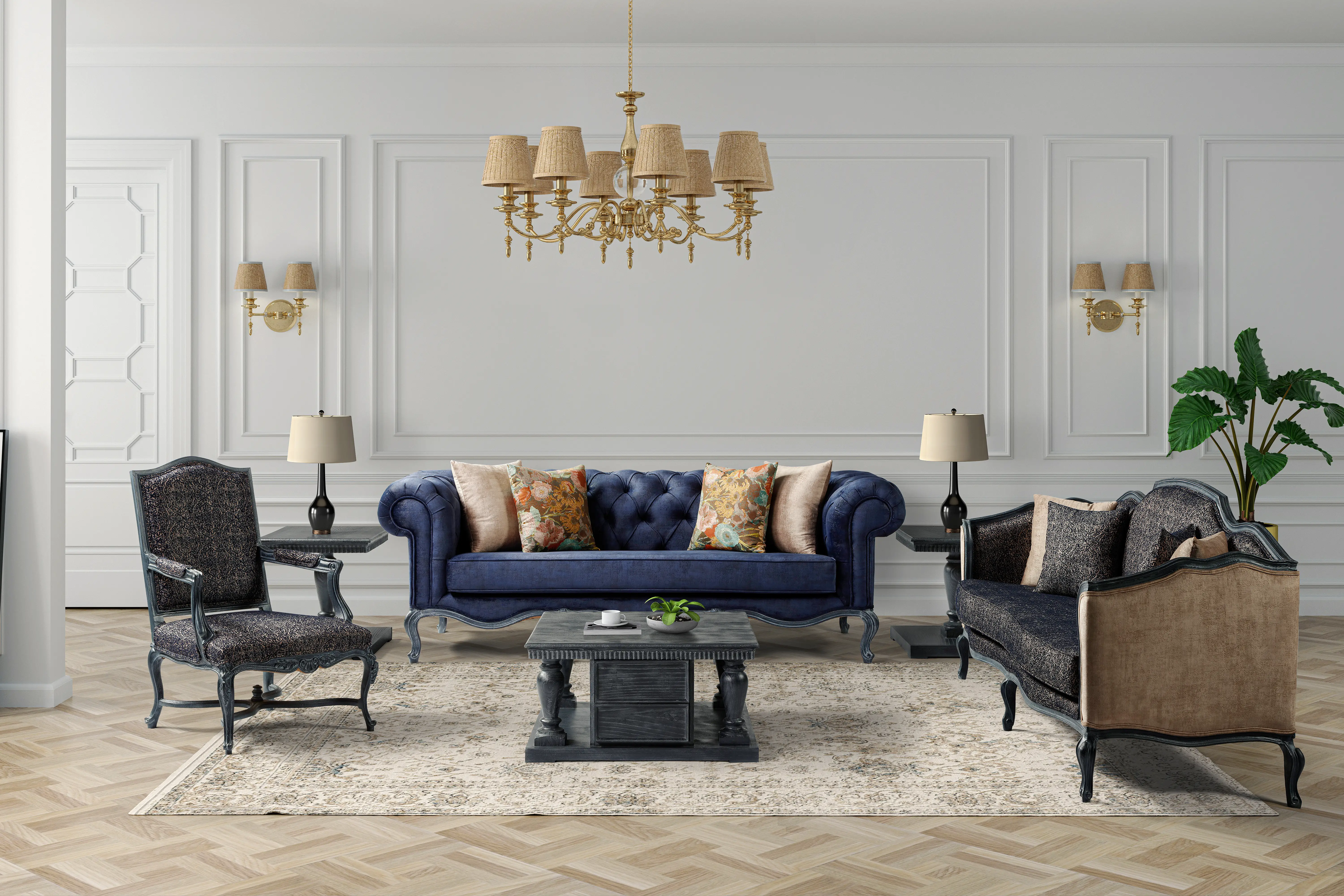Elegant living room with blue tufted sofa, ornate chairs, coffee table, chandelier, lamps, and paneled white walls.