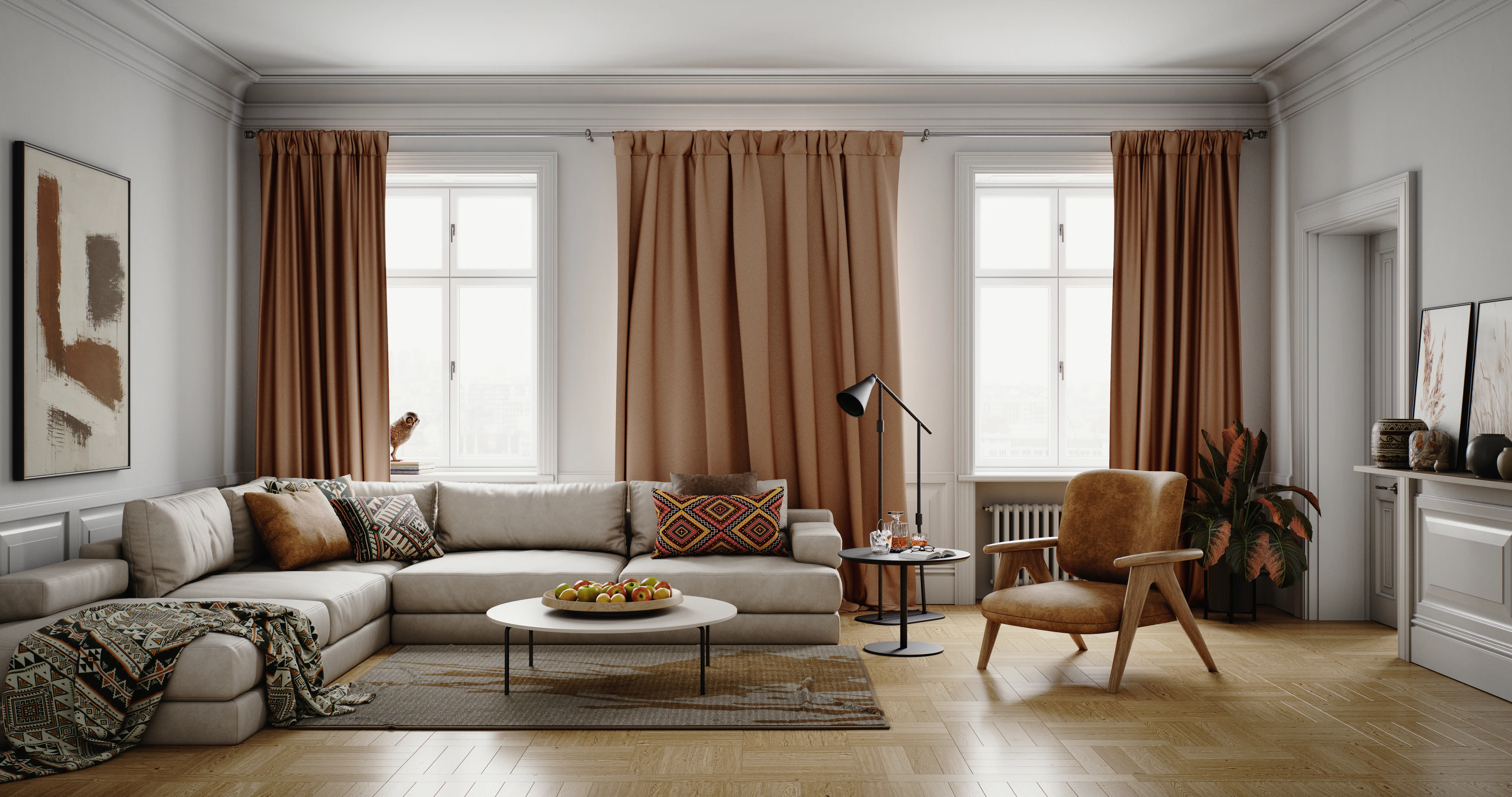 Bright living room with beige sectional sofa, curtains, round coffee table, lounge chair, plants, and framed wall art.