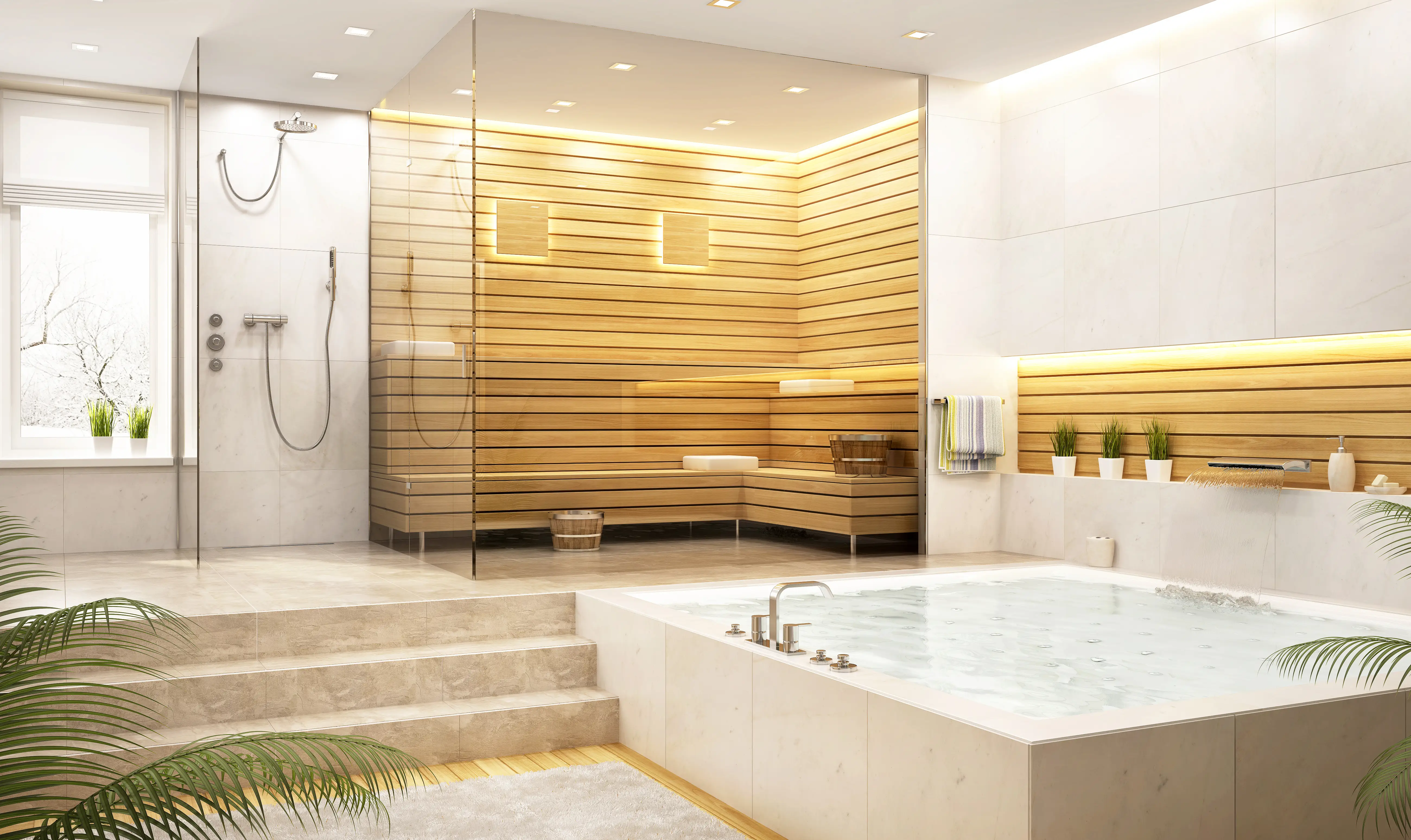Luxury spa bathroom with glass sauna, walk-in shower, large bathtub, wood wall panels, plants, and warm lighting.