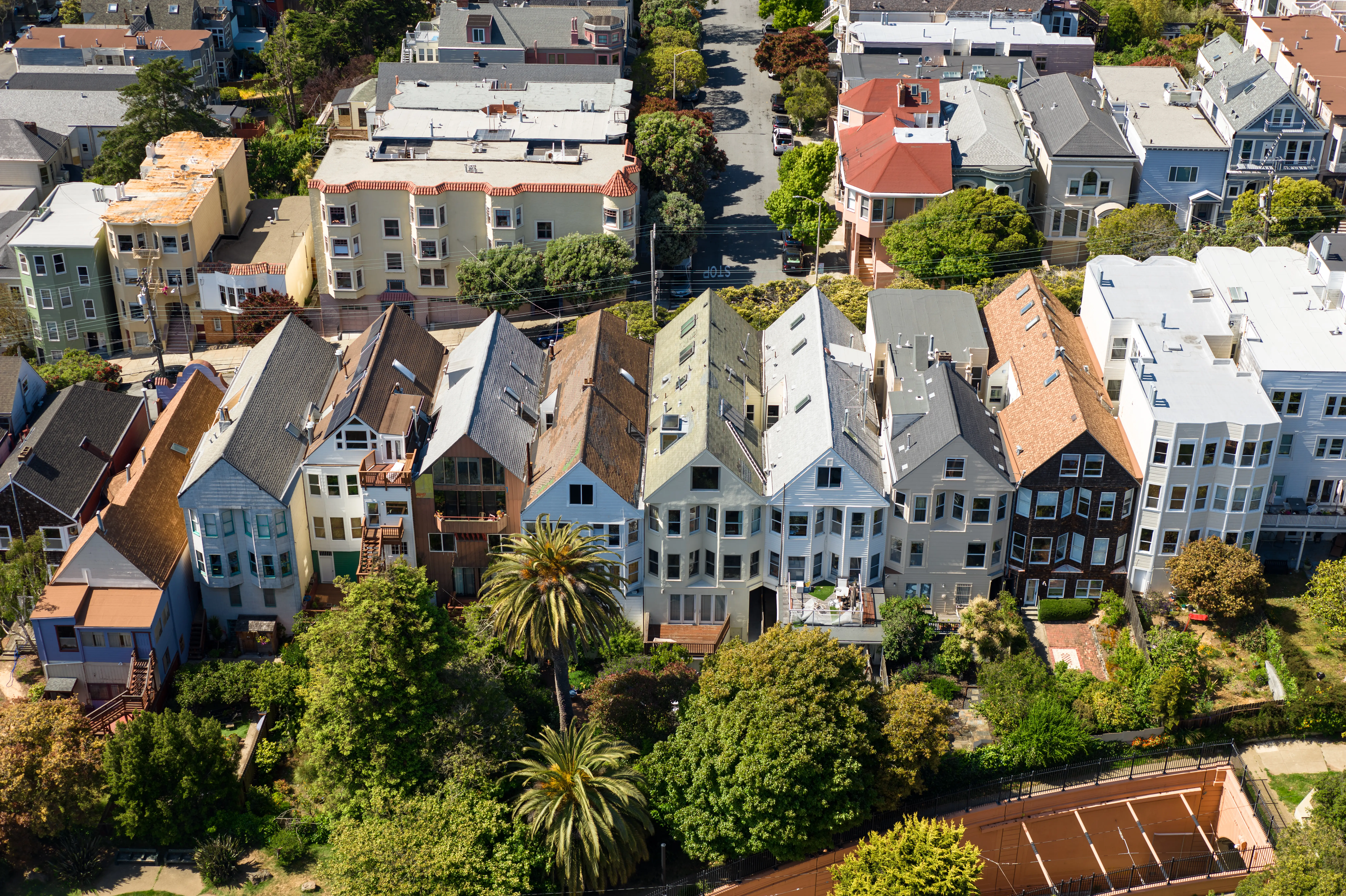 Aerial shot of residential streets in the Outer Sunset neighborhood of San Francisco.