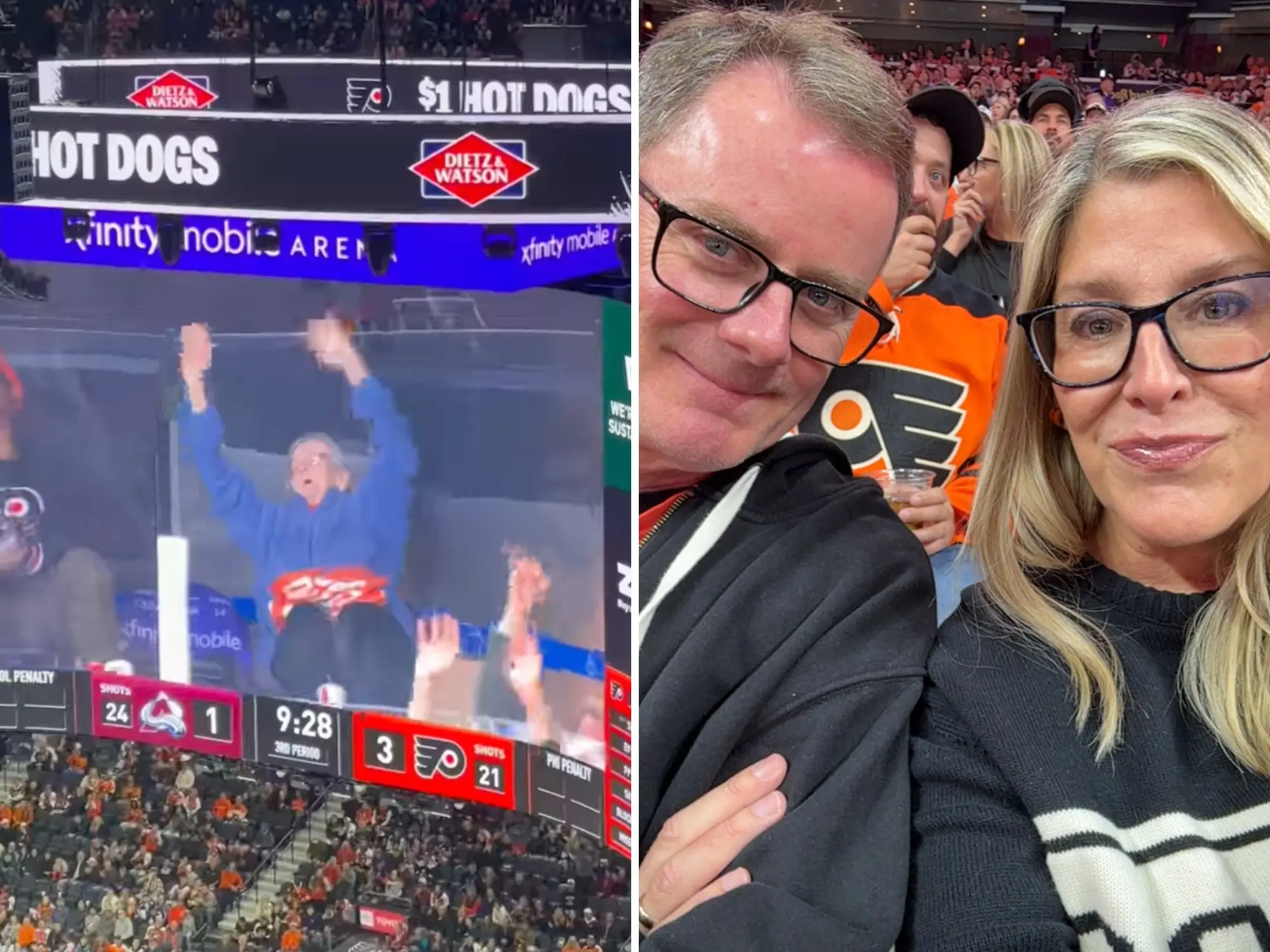 Couple taking selfie at Flyers hockey game