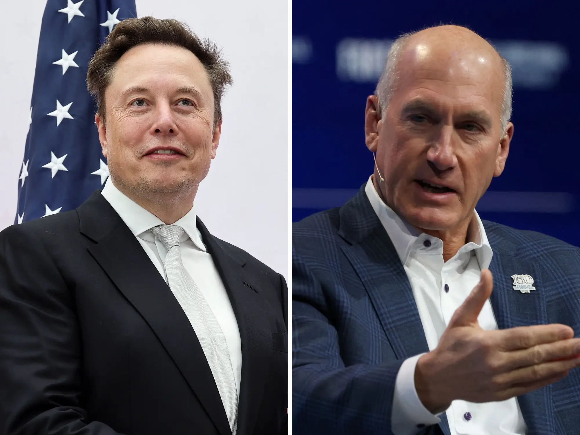 Elon Musk and John Stankey appear in side-by-side portraits, with a U.S. flag behind Musk.