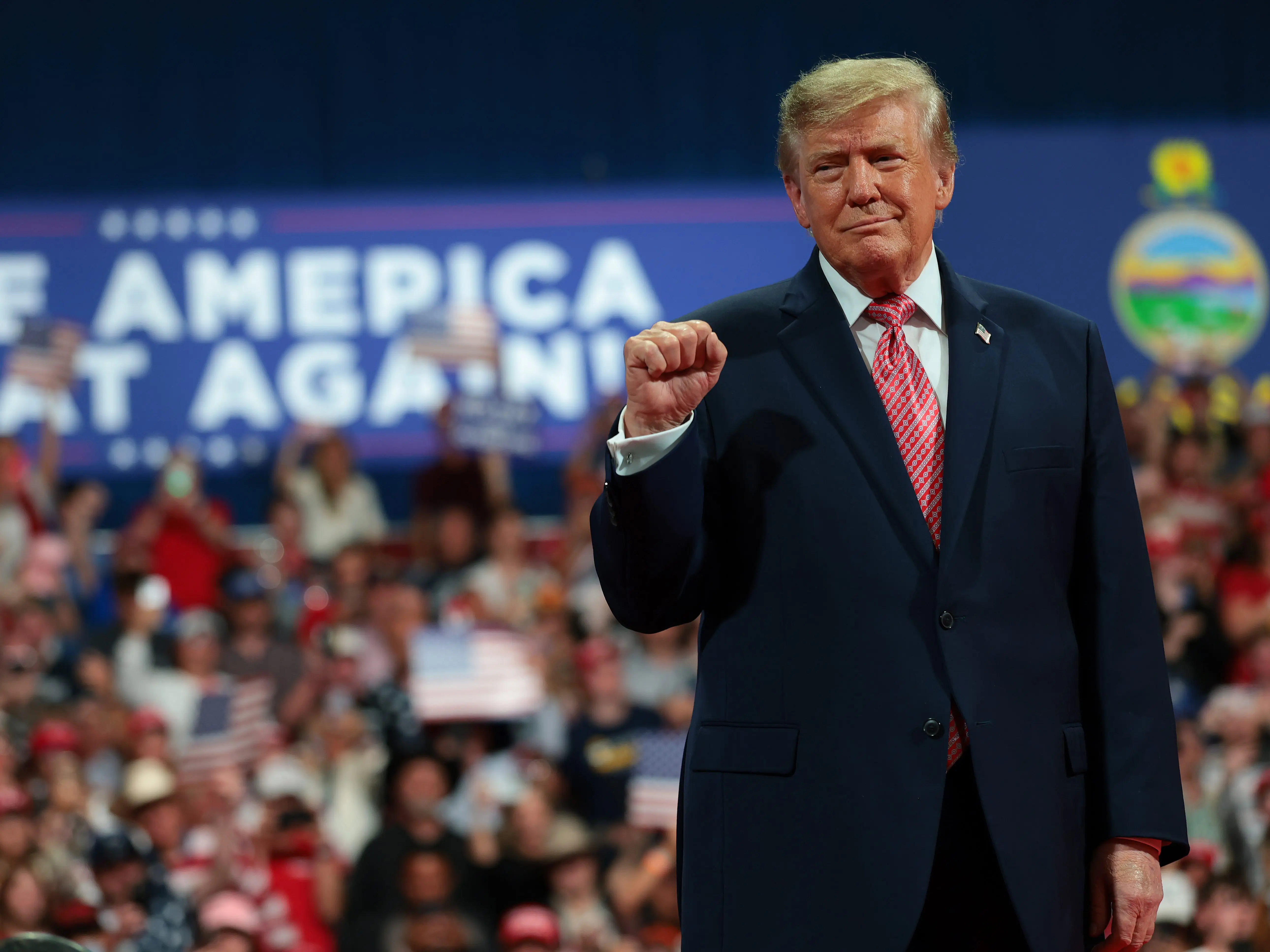 PARK CITY, KANSAS - OCTOBER 19: U.S. President Donald Trump greets supporters during a campaign rally at Heartland Credit Union Arena on October 19, 2026 in Park City, Kansas. Trump is traveling to multiple cities campainging for Republican candidates this week as the November 3 general election approaches.