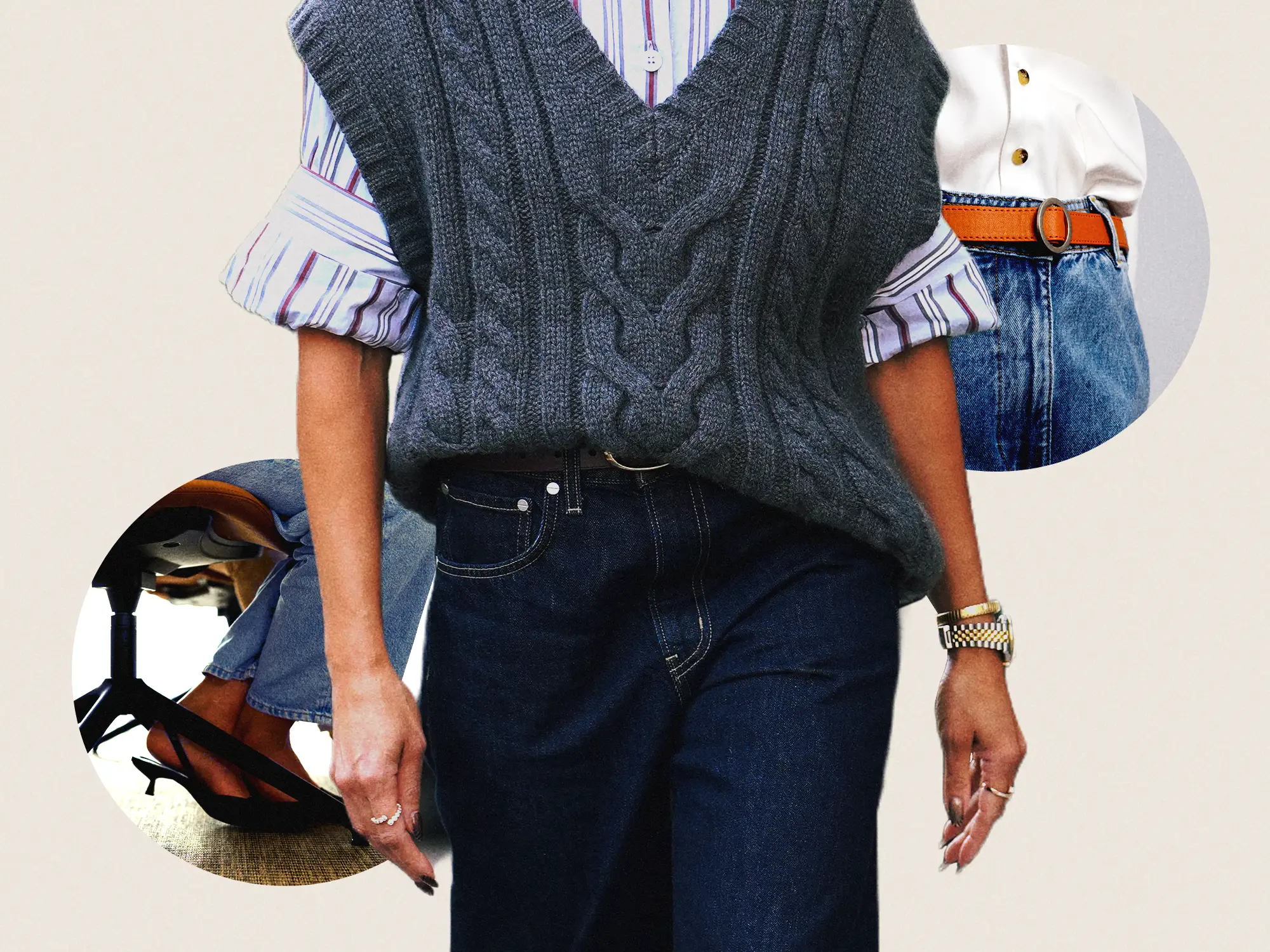 Torso of a person wearing a cable-knit vest, striped shirt, dark jeans, jewelry, and layered fashion cutouts.