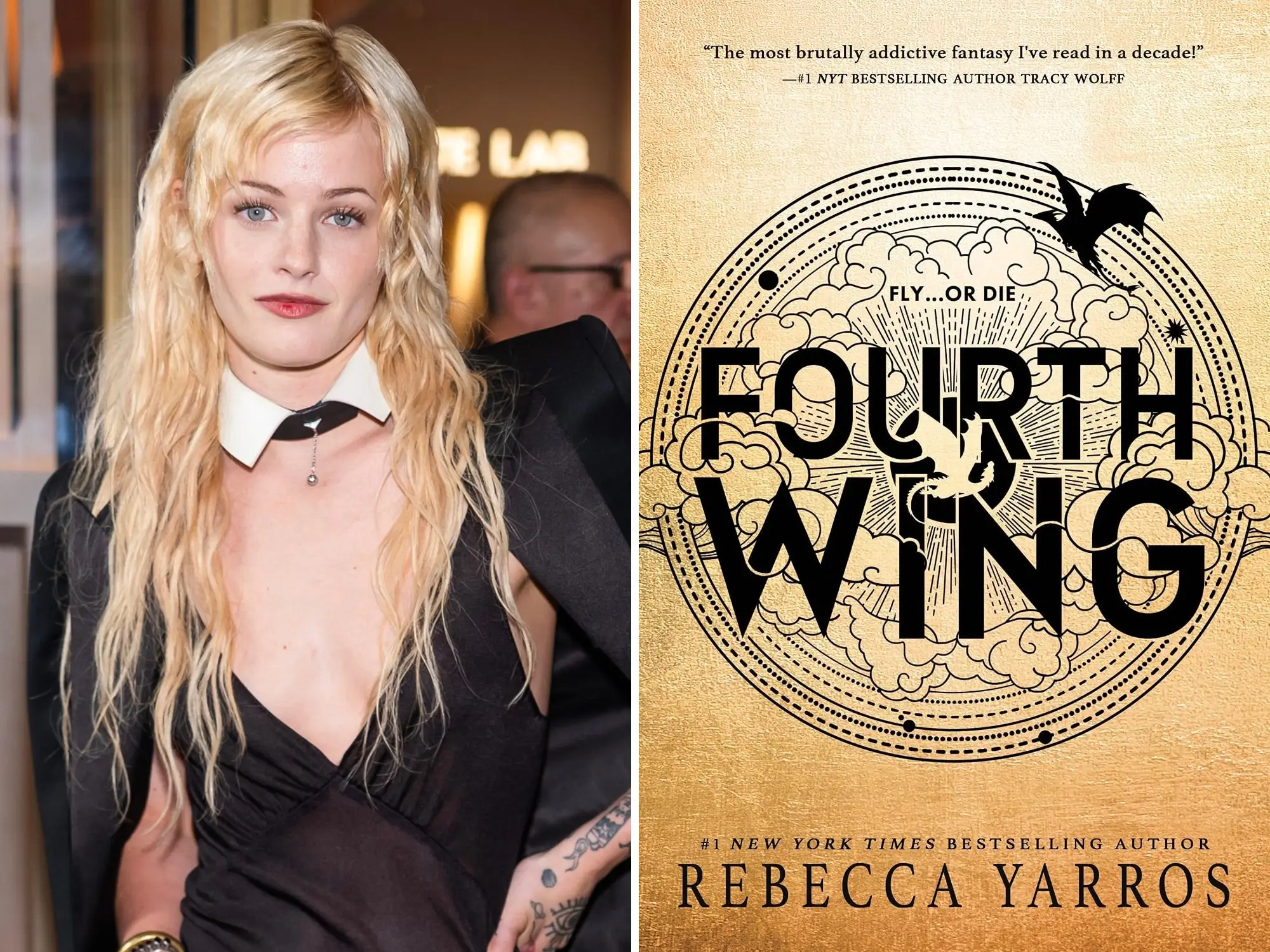 Composite shows a formal event portrait of Esther McGregor beside the Fourth Wing book cover by Rebecca Yarros.