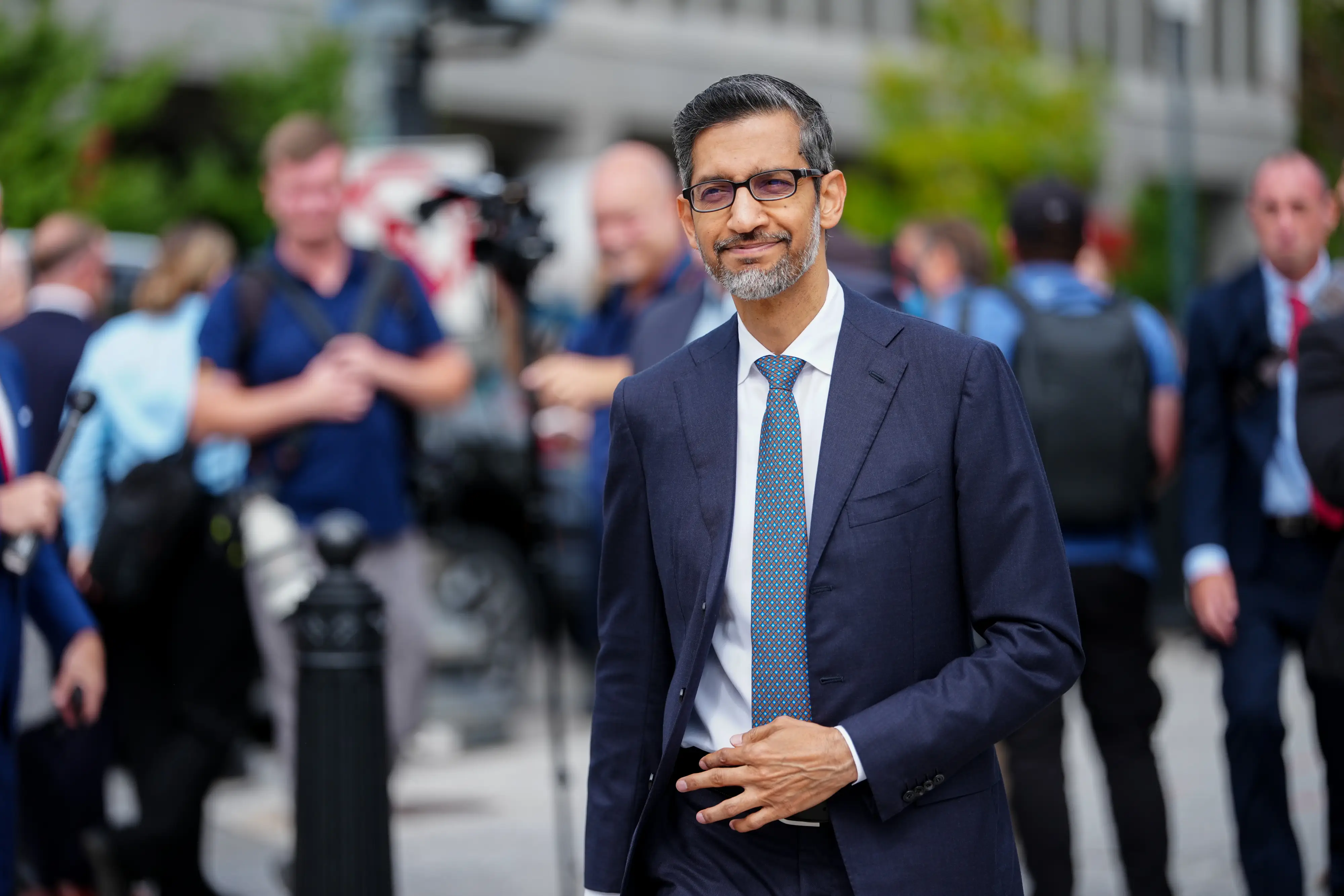 Sundar Pichai, chief executive officer of Alphabet Inc., arrives for a meeting on artificial intelligence with tech executives at the White House in Washington, DC, US, on Tuesday, Sept. 29, 2026. The gathering follows a surge in concern about AI potentially posing a threat to humans. Photographer: Aaron Schwartz/Bloomberg via Getty Images