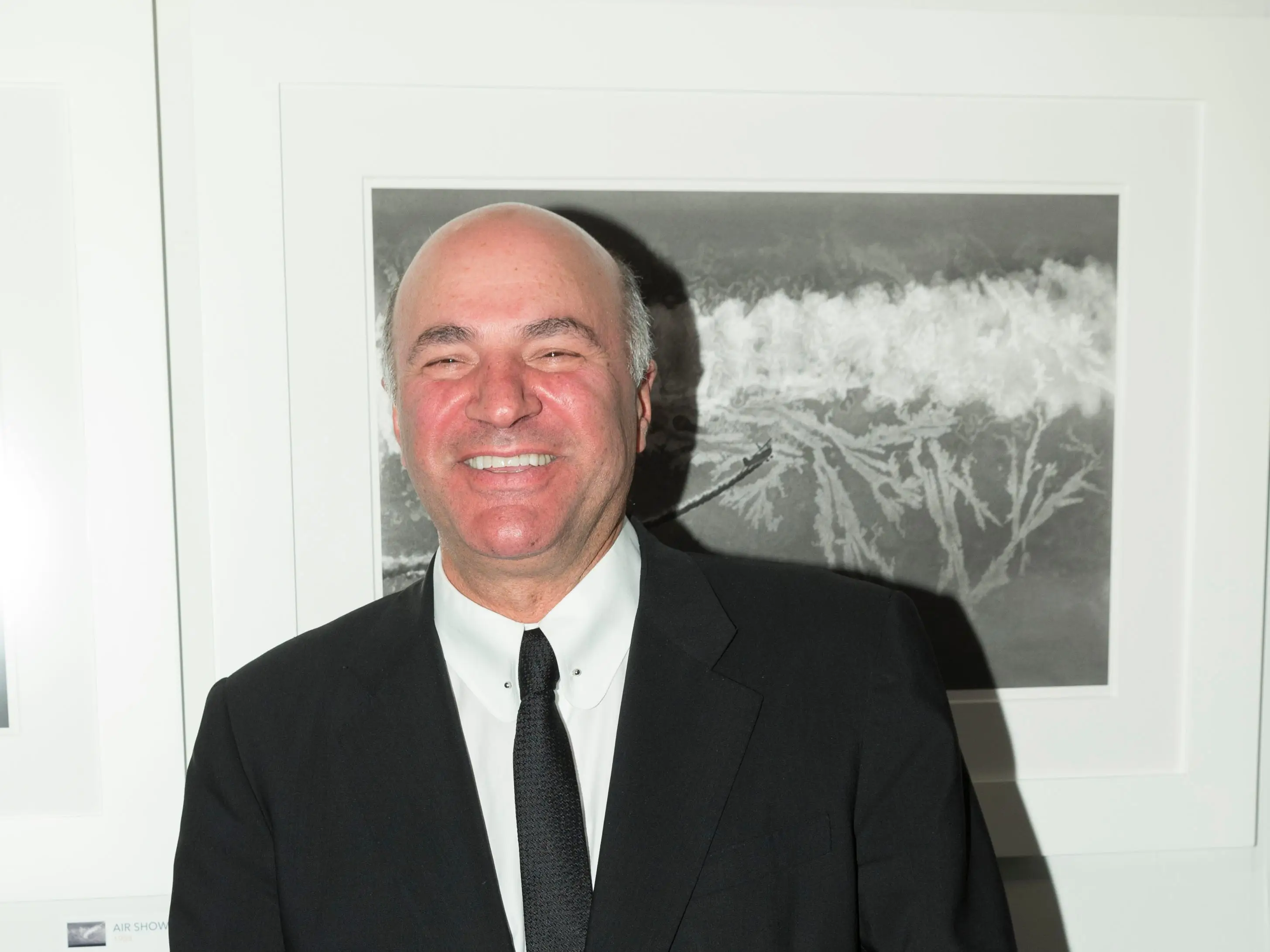 Kevin O'Leary stands in a black suit and tie in front of a framed photograph.