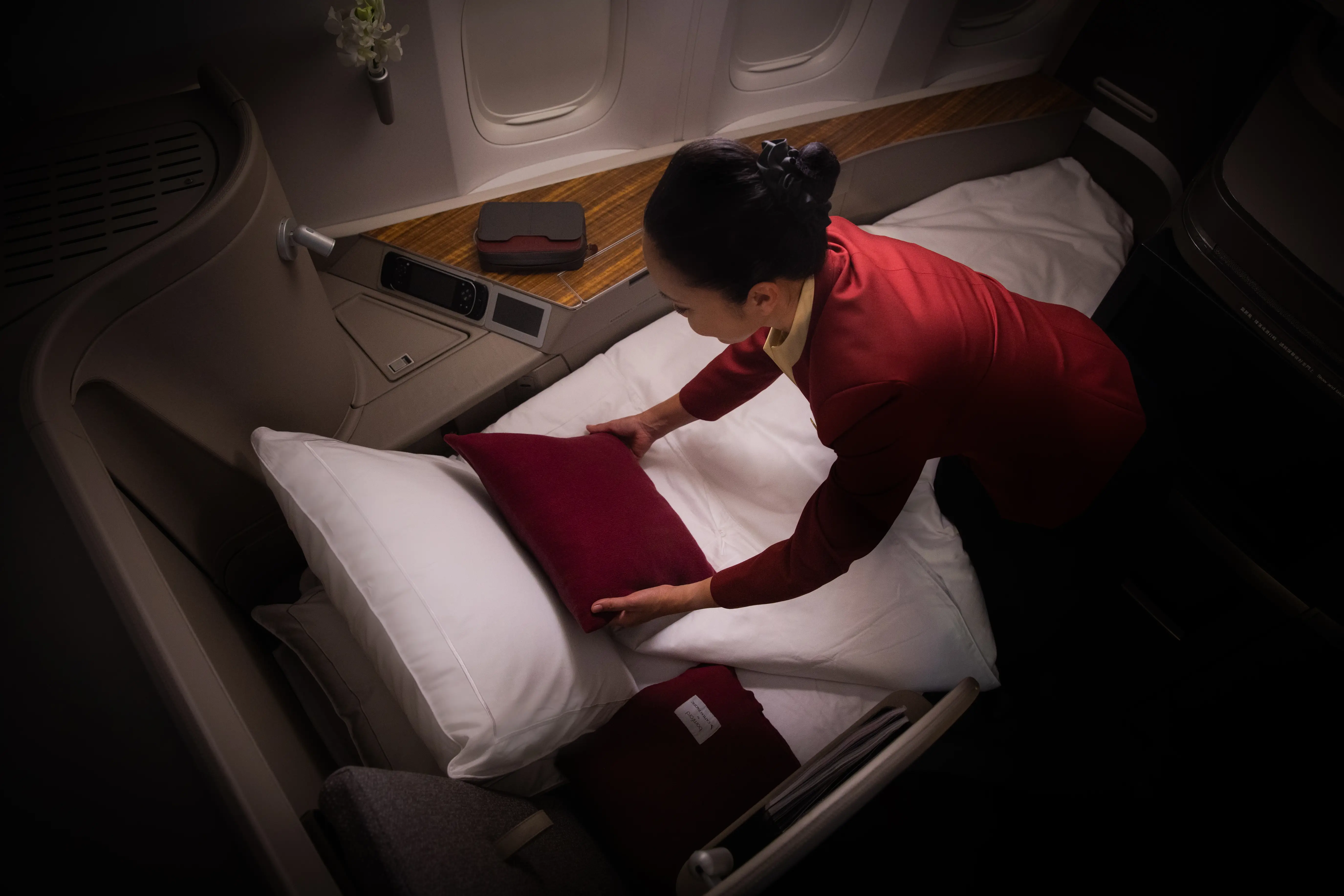 A first-class cabin on Cathay Pacific.