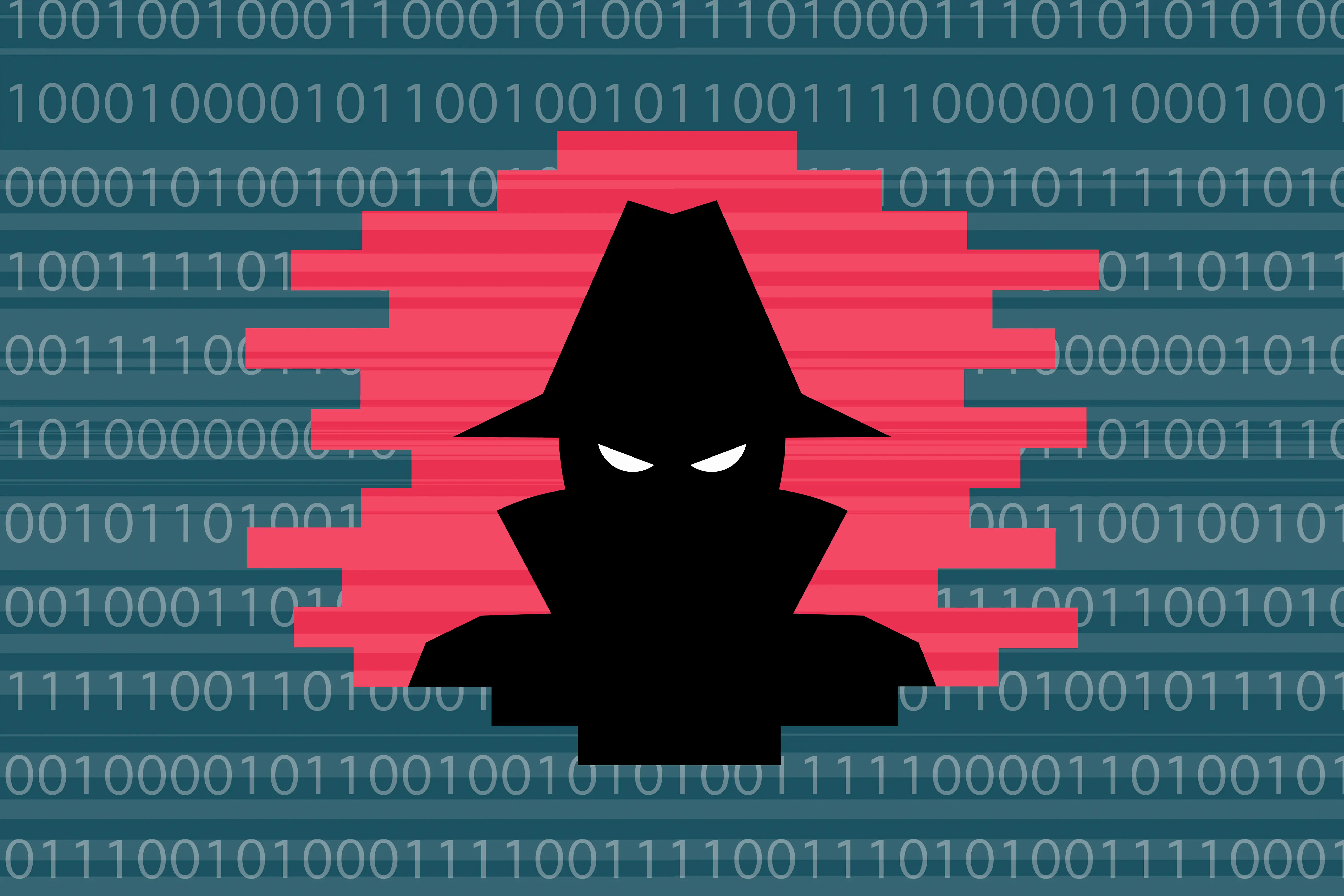 An illustration of a spy-looking character with a bunch of ones and zeroes in the background