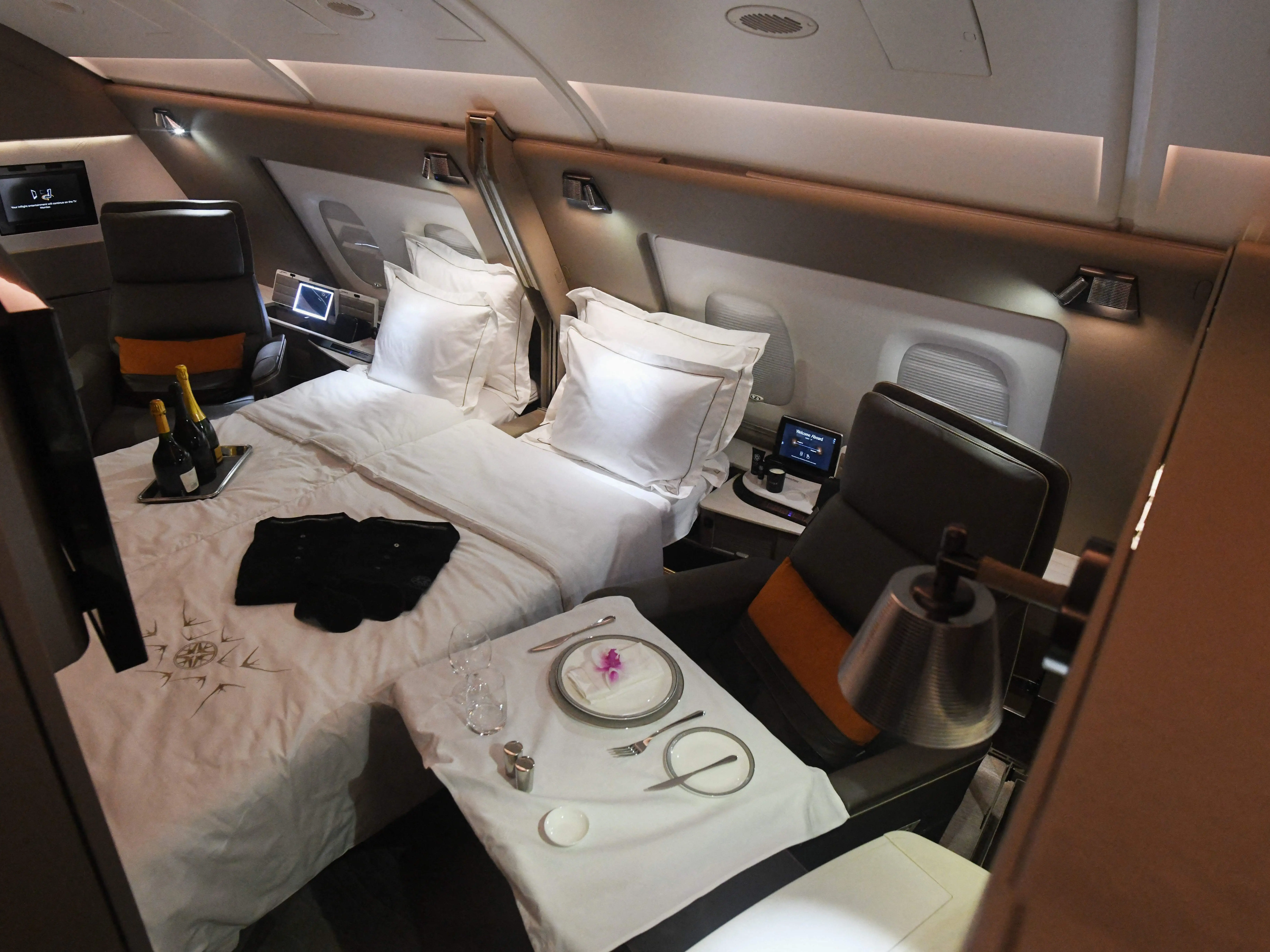 A view of the first class seating area during a media tour onboard a Singapore Airlines Airbus A380