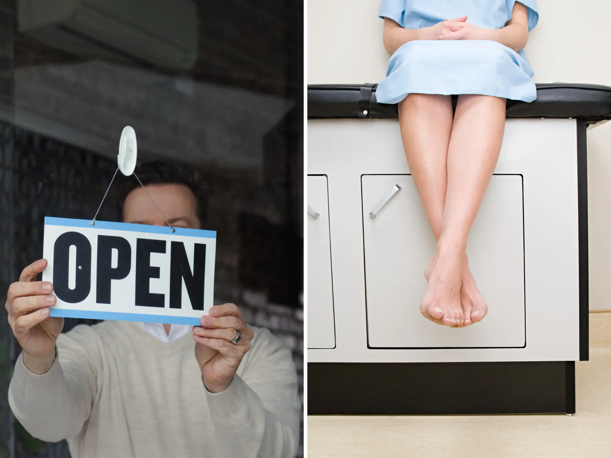 Split scene shows an OPEN sign held in a window and a patient seated on an examination table.