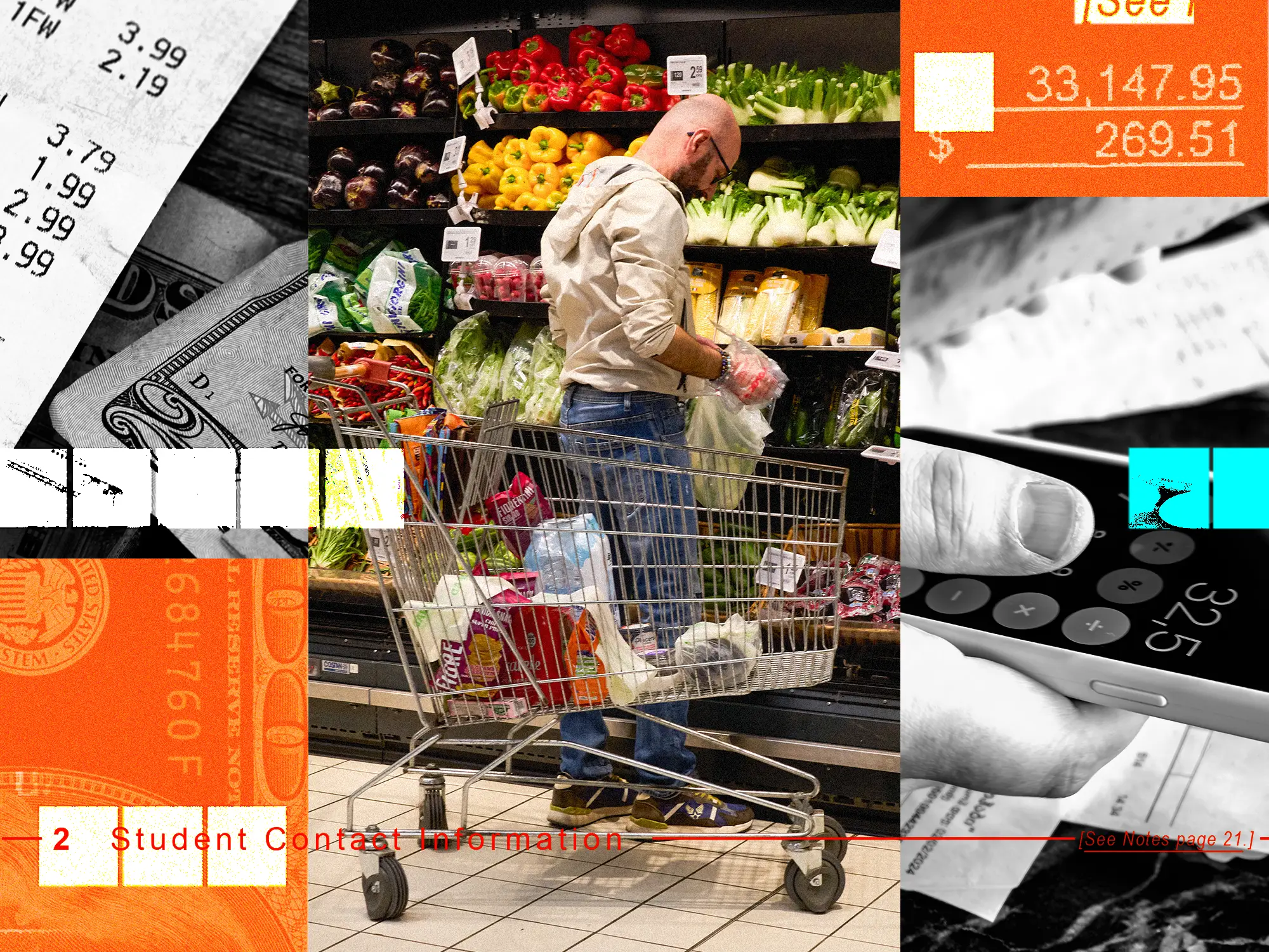 A collage showing a shopper with a cart selects produce in a grocery aisle amid collage elements of receipts, cash, a calculator, and private lending elements.