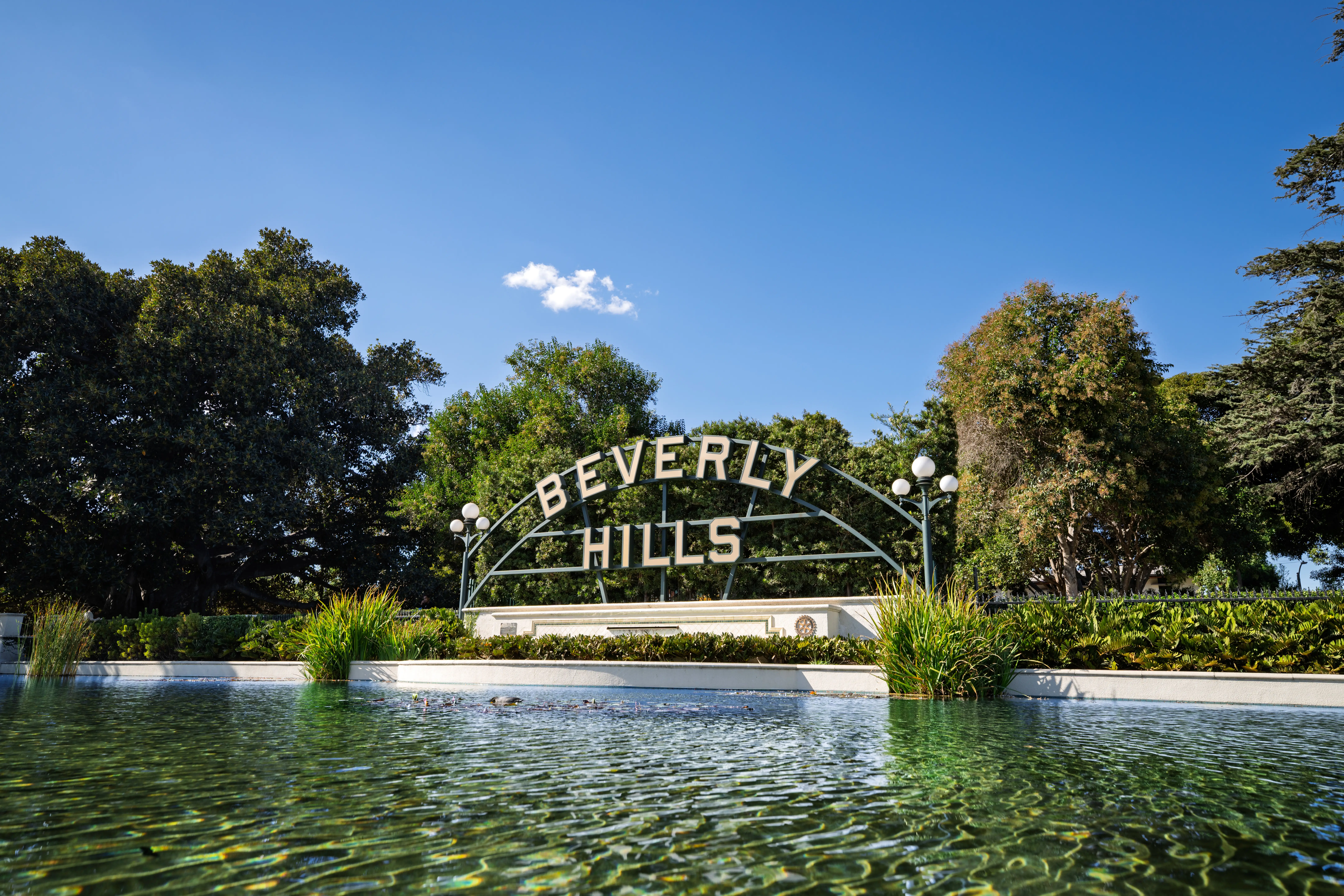 The Beverly Hills sign hangs over a pond.