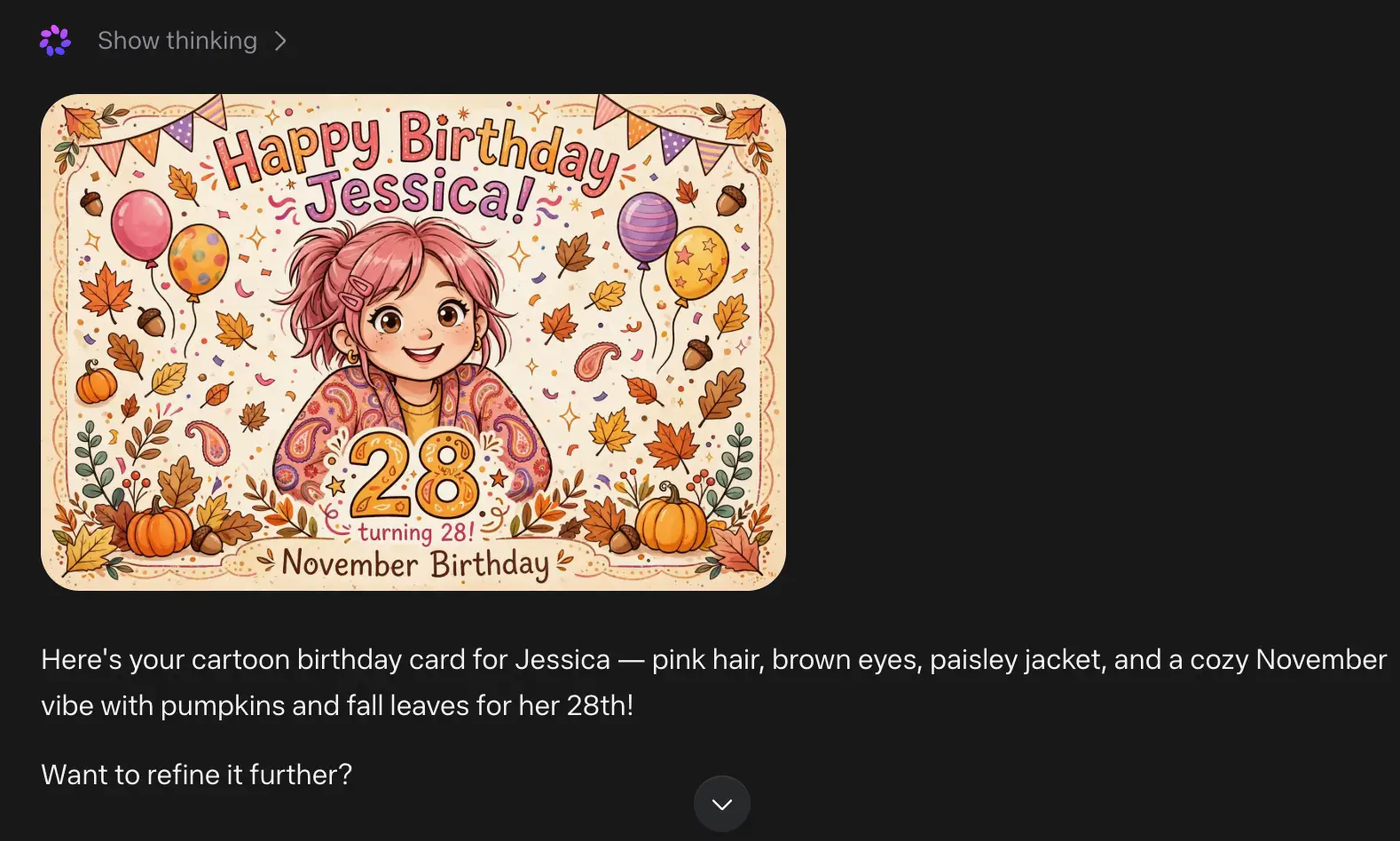 A chat interface displays a colorful illustrated birthday card for Jessica with balloons, pumpkins, fall leaves, and the number 28.