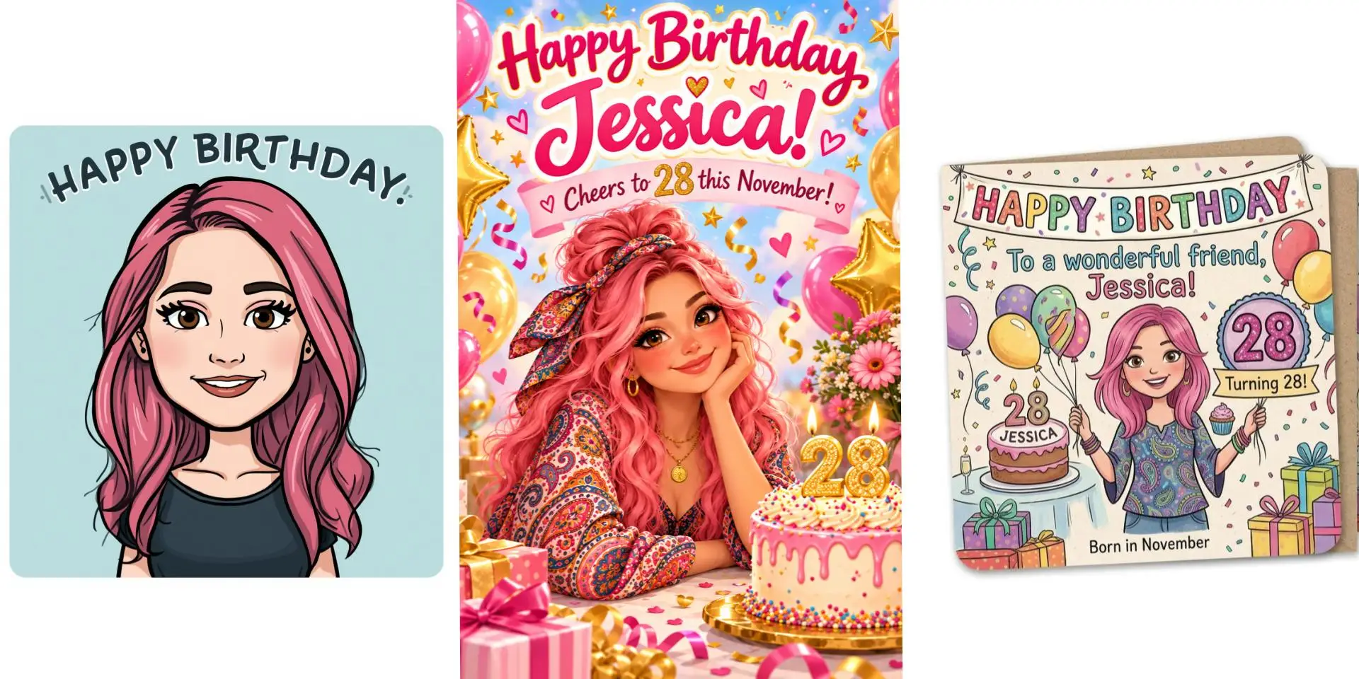 Three colorful personalized birthday card designs feature illustrated pink-haired characters and visible messages for Jessica turning 28.