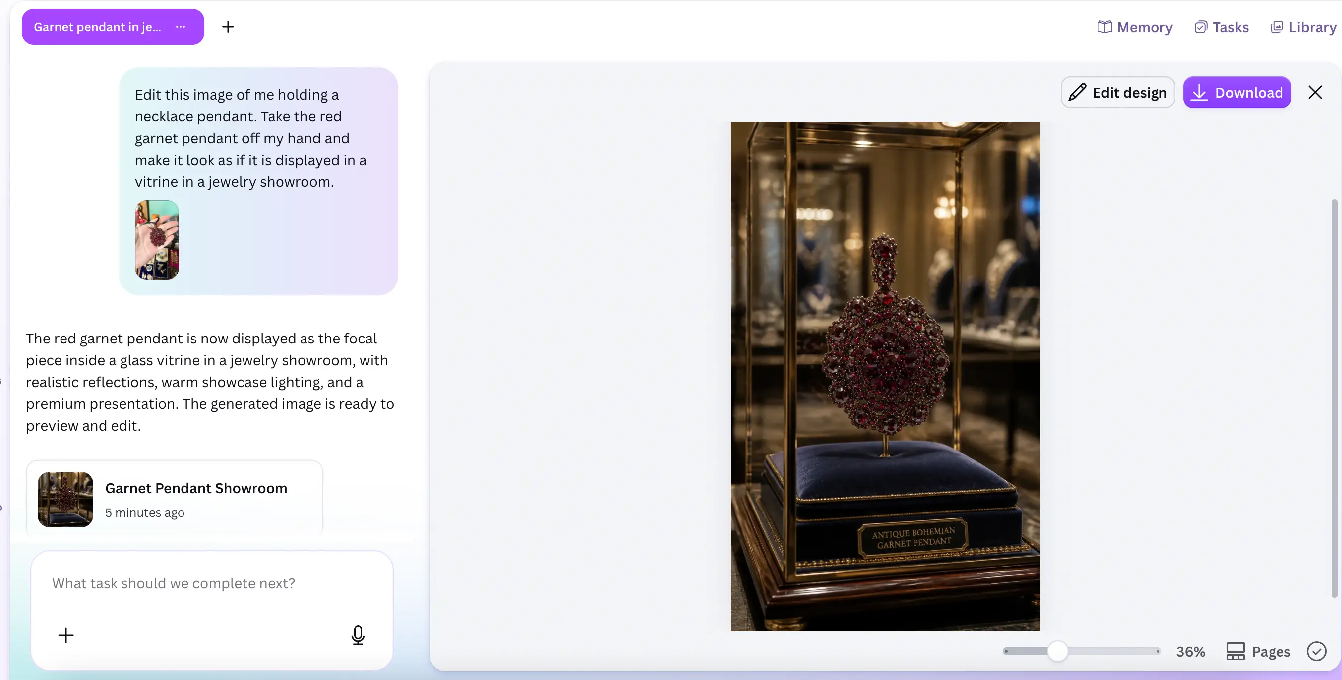 Web editing interface shows a red garnet pendant displayed in a glass vitrine on a blue cushion.