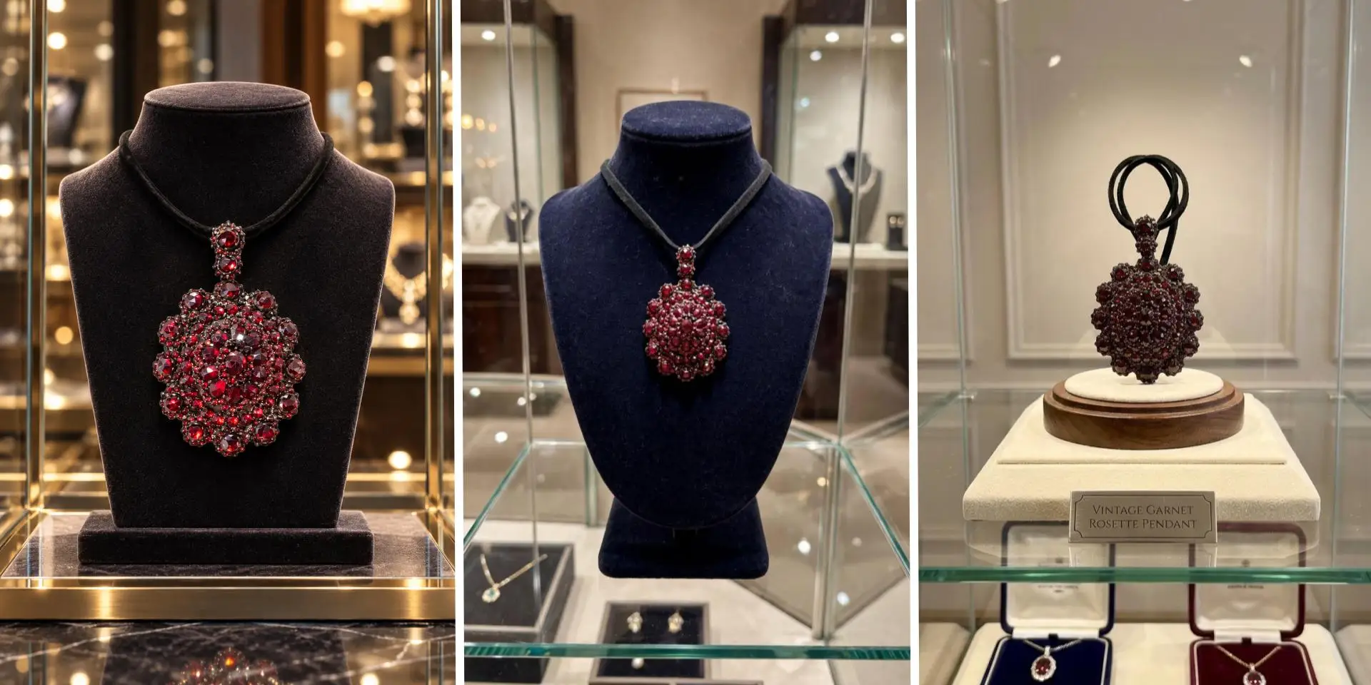 Three display case views show a red garnet rosette pendant on necklace stands and a pedestal.
