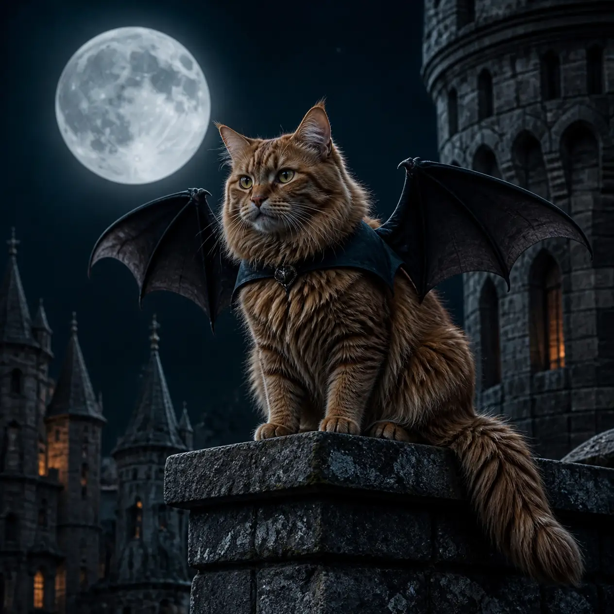 Orange tabby cat with bat-like wings sits on a stone castle ledge under a full moon.