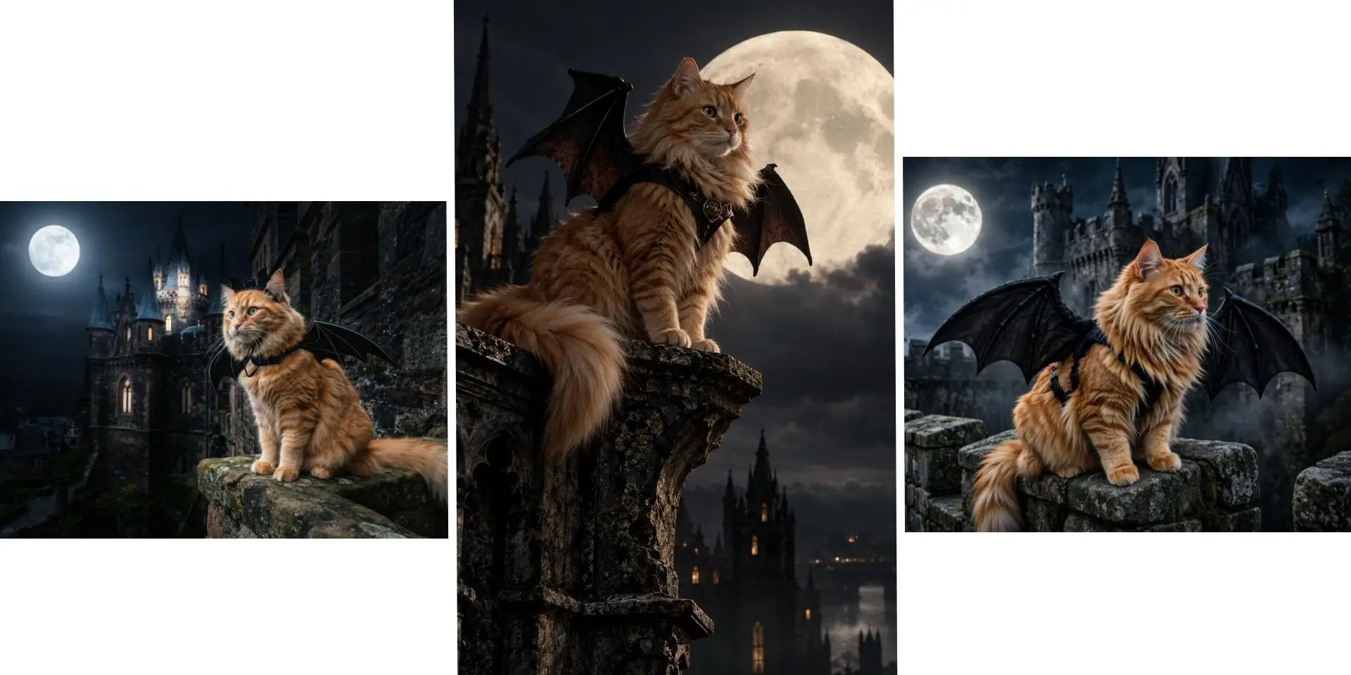 Orange long-haired cat wearing bat wings poses on gothic stone ledges under full moons in a dark fantasy triptych.