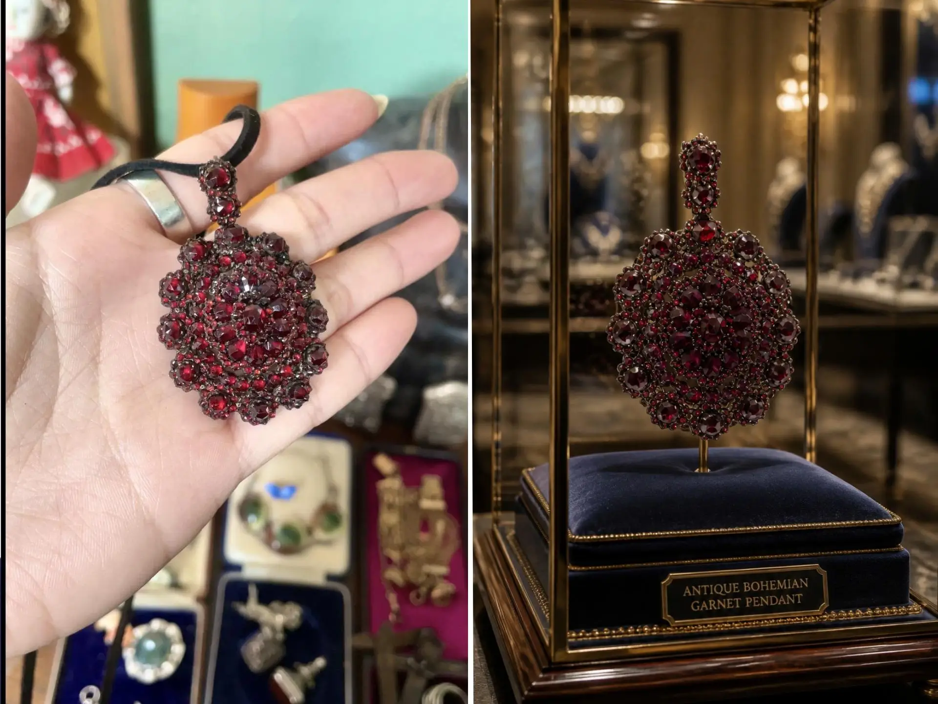 A red gemstone pendant is shown handheld beside the same pendant displayed in a glass case.
