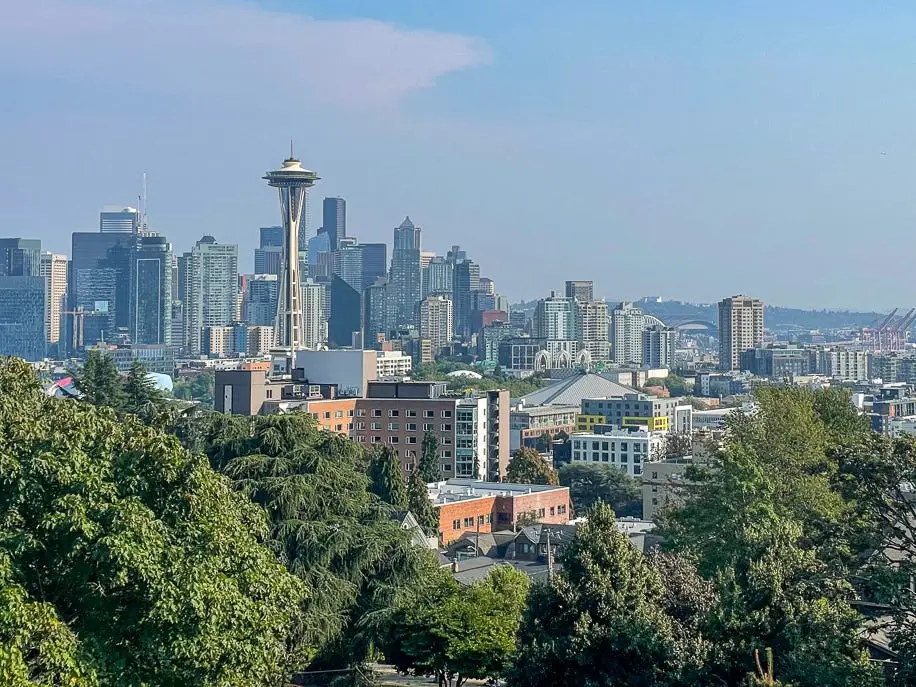 A view of the Seattle skyline from a park.
