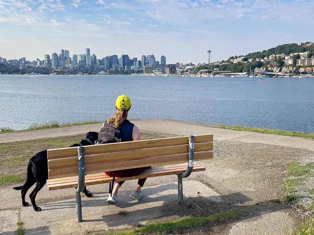 Heather sits on a bench with her dog and looks out at the Seattle skyline across the water.
