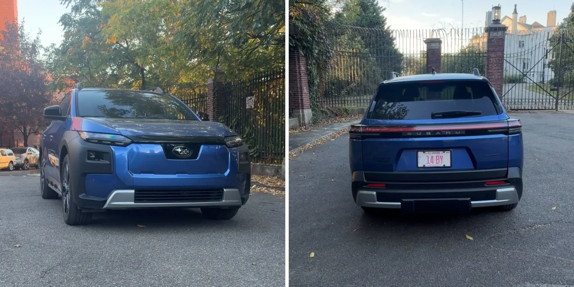 Left: the front of a Subaru Trailseeker. Right: the rear of a Subaru Trailseeker.