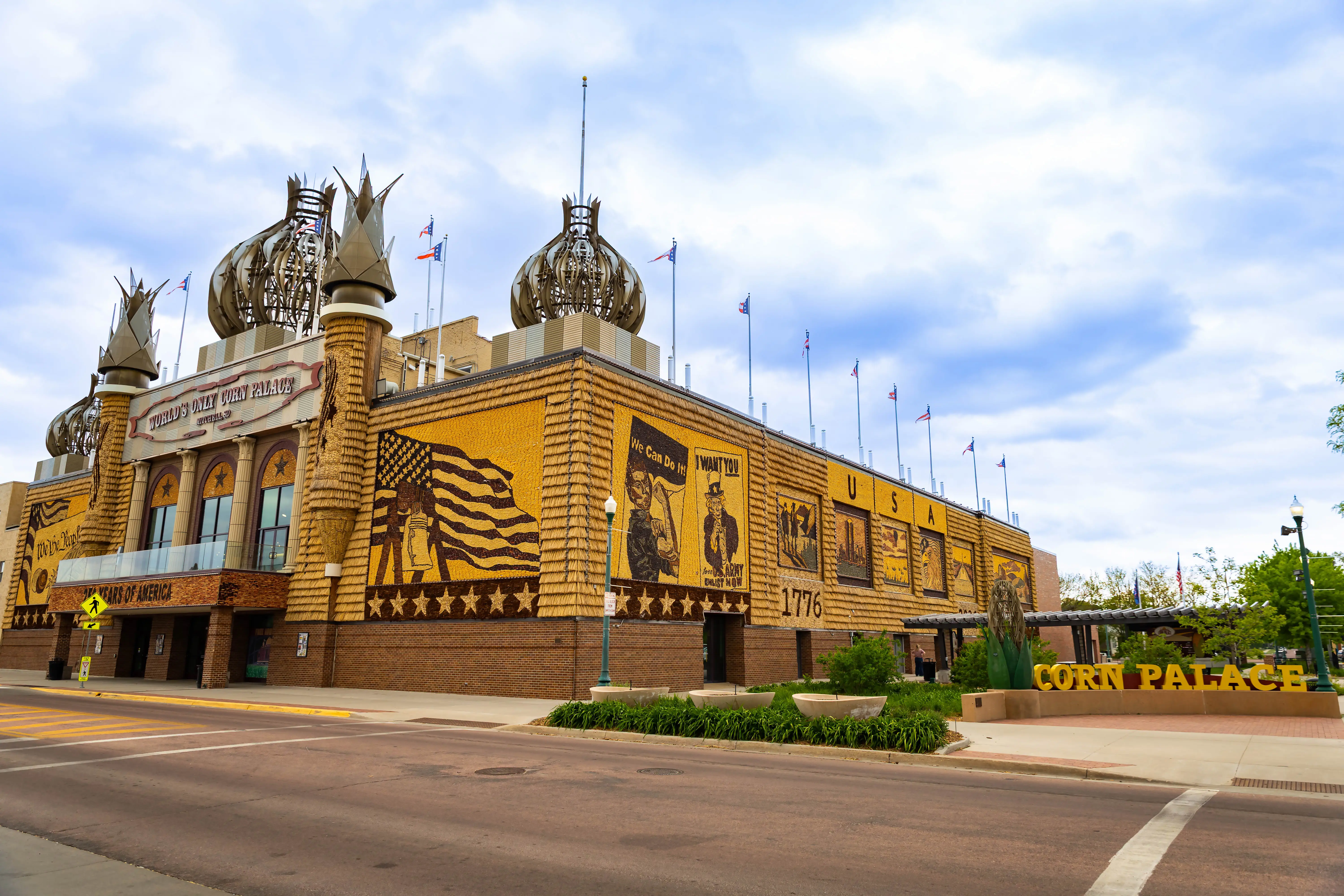 Exterior view of the iconic Corn Palace in Mitchell South Dakota decorated with distinctive agricultural murals