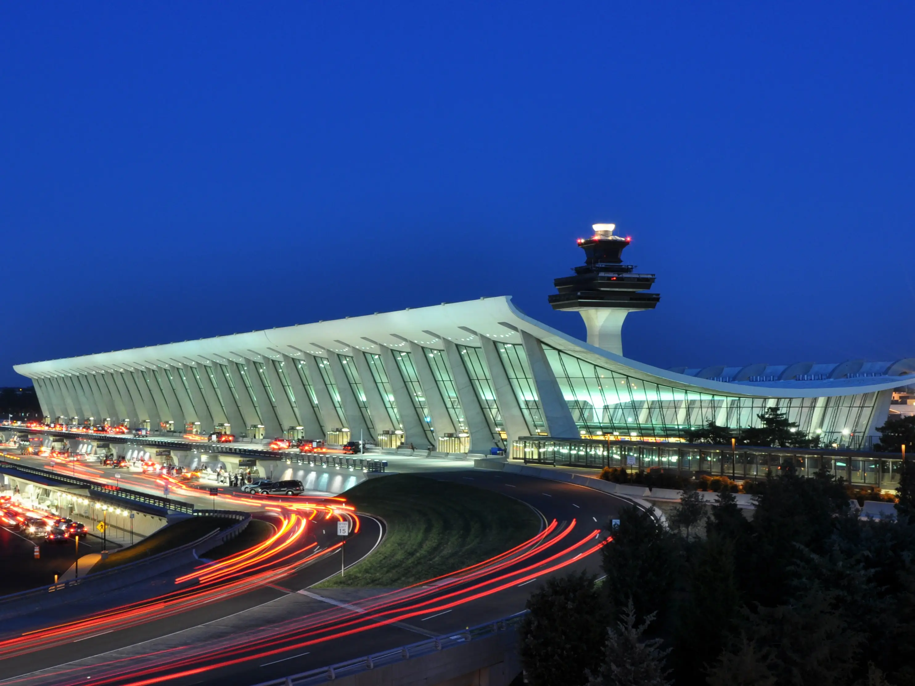 Main Terminal of Washington Dulles International Airport at dusk in Virginia, USA.