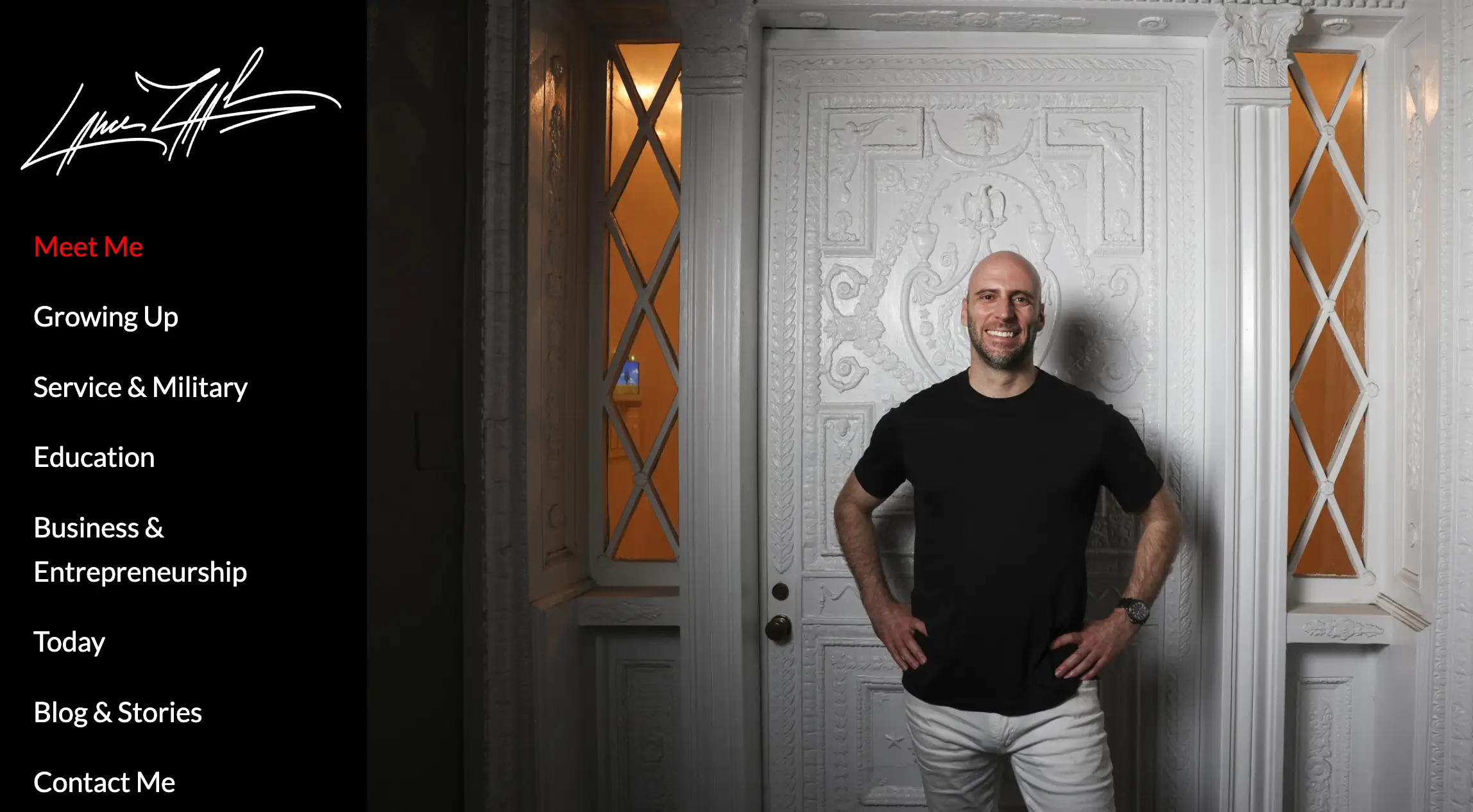 A smiling person stands before an ornate white doorway beside a website navigation menu on a black sidebar.