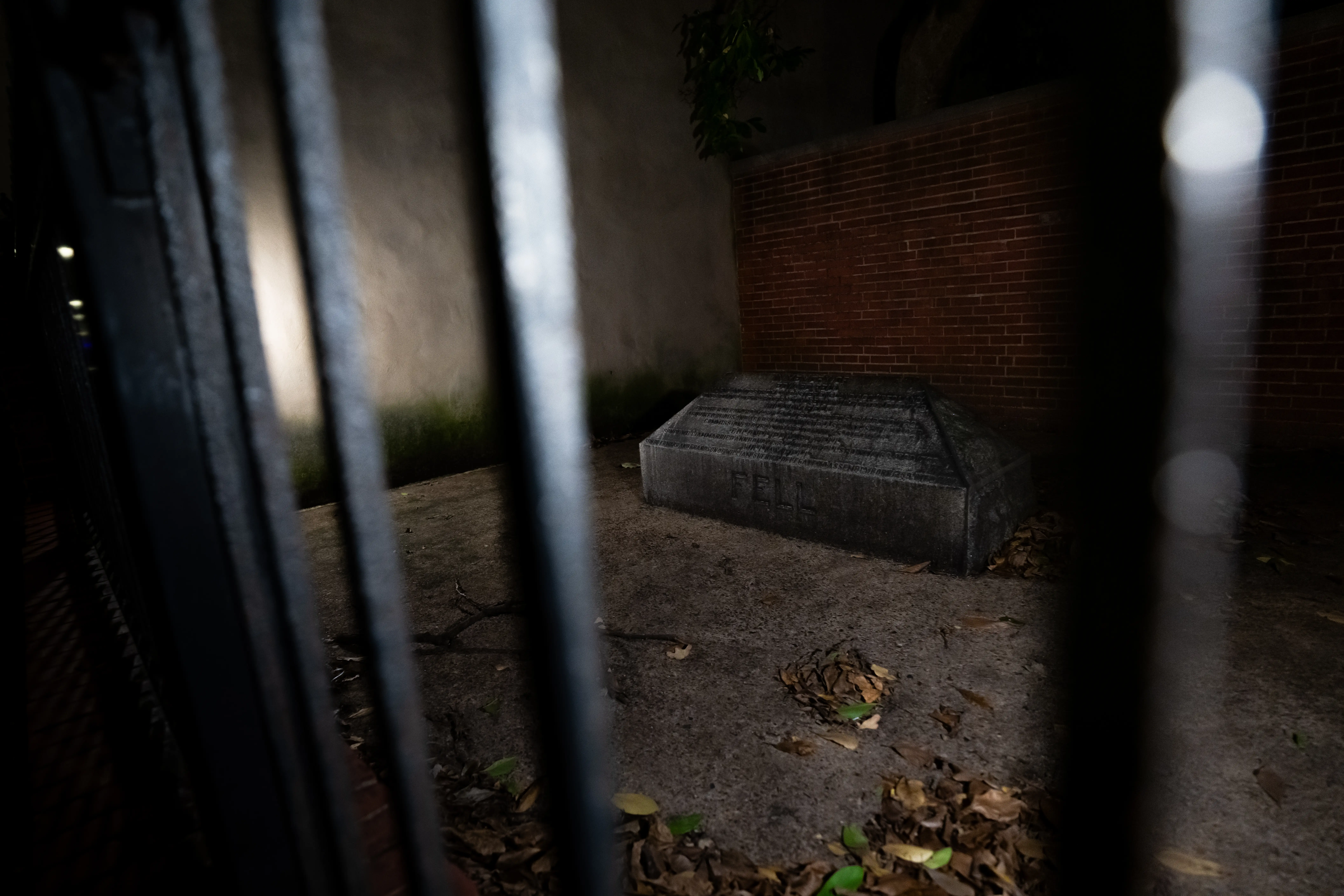 Dark courtyard seen through metal bars, with fallen leaves, brick walls, and a low concrete slab.