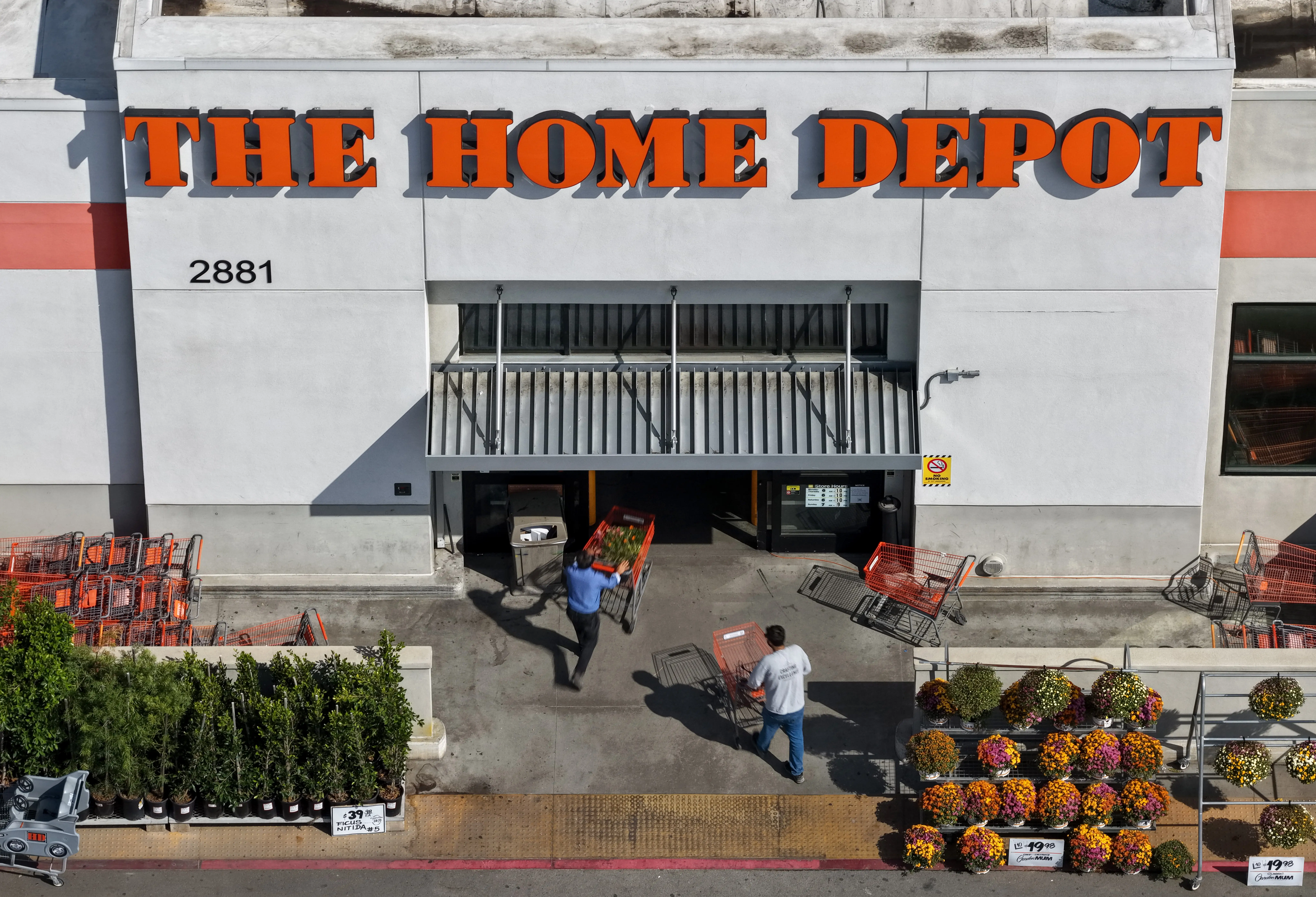 In an aerial view, customers enter a Home Depot store on September 18, 2026 in Pasadena, California.