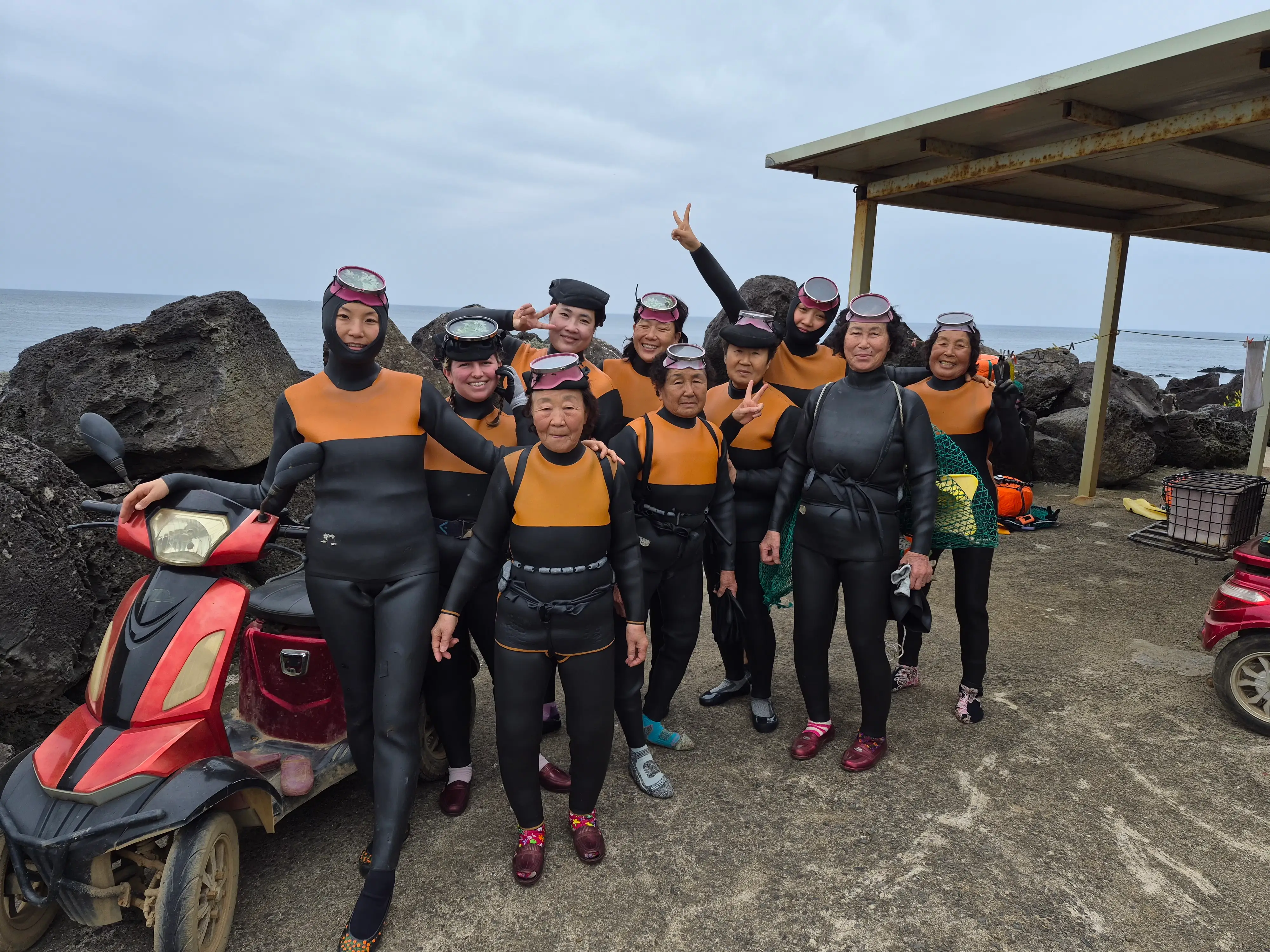 A group of Haenyeo divers in Korea, near Jeju Island.