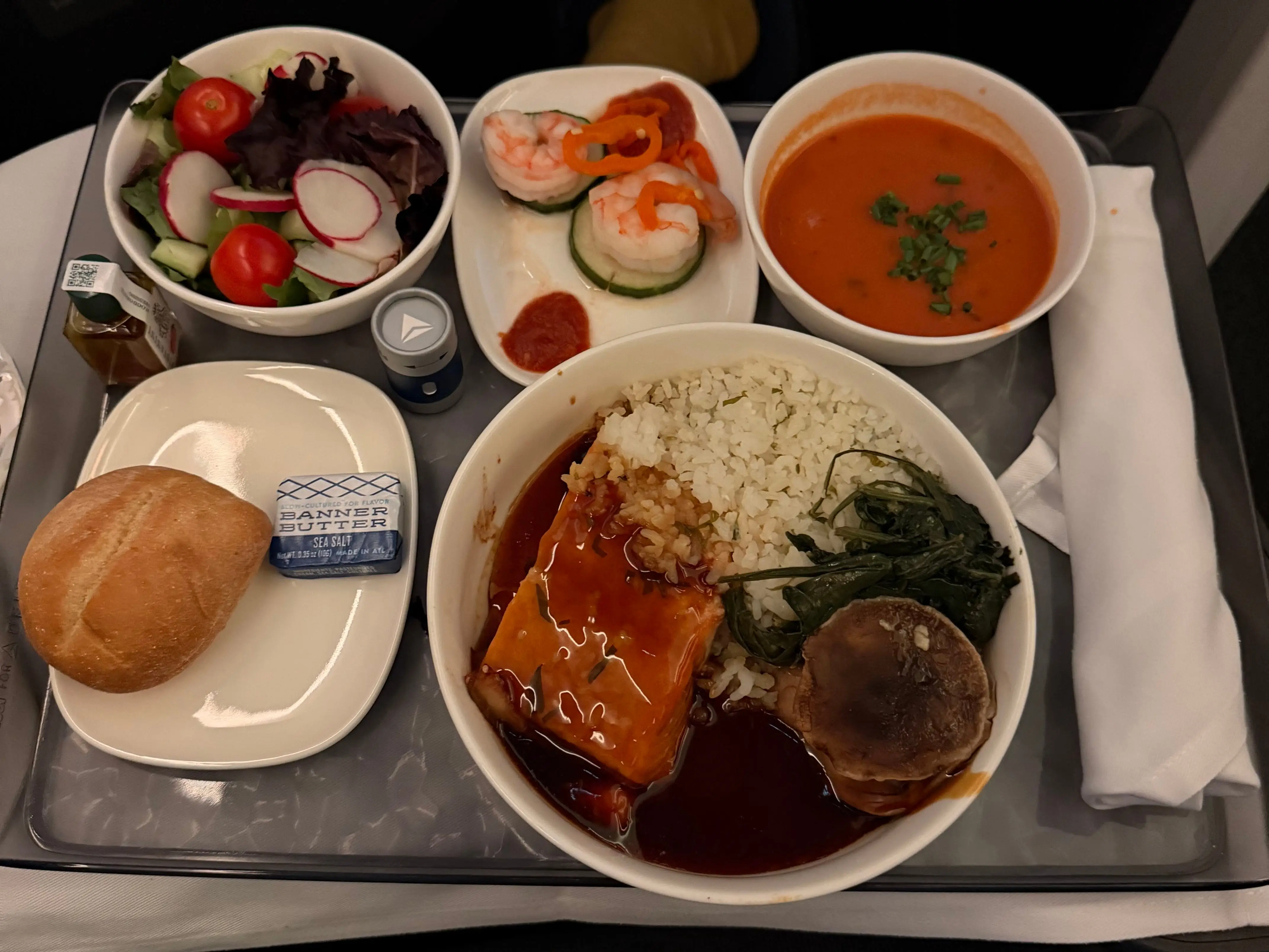 The author's beef dish, salad, shrimp, and tomato bisque.