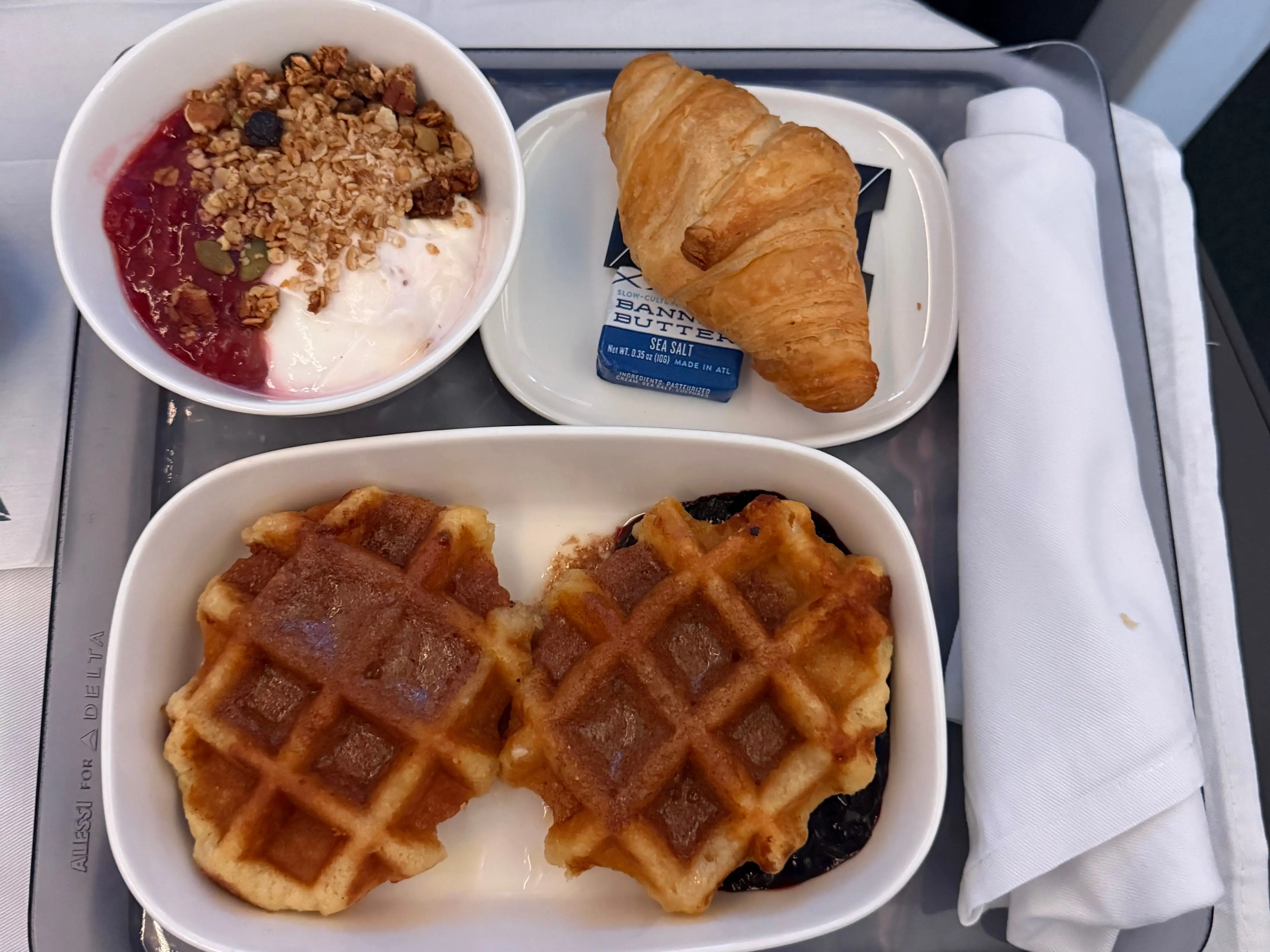 the waffles, parfait, and crossaint.