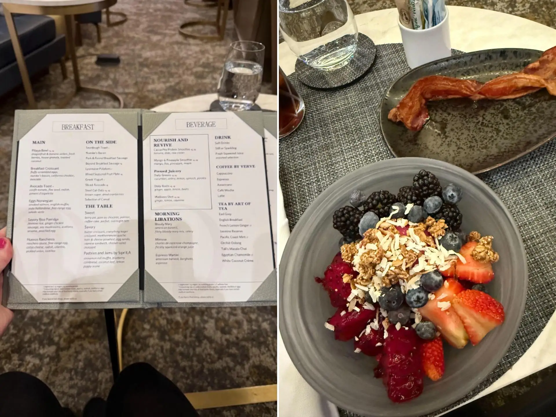 The delta one lounge menu and breakfast, with bacon and fruit