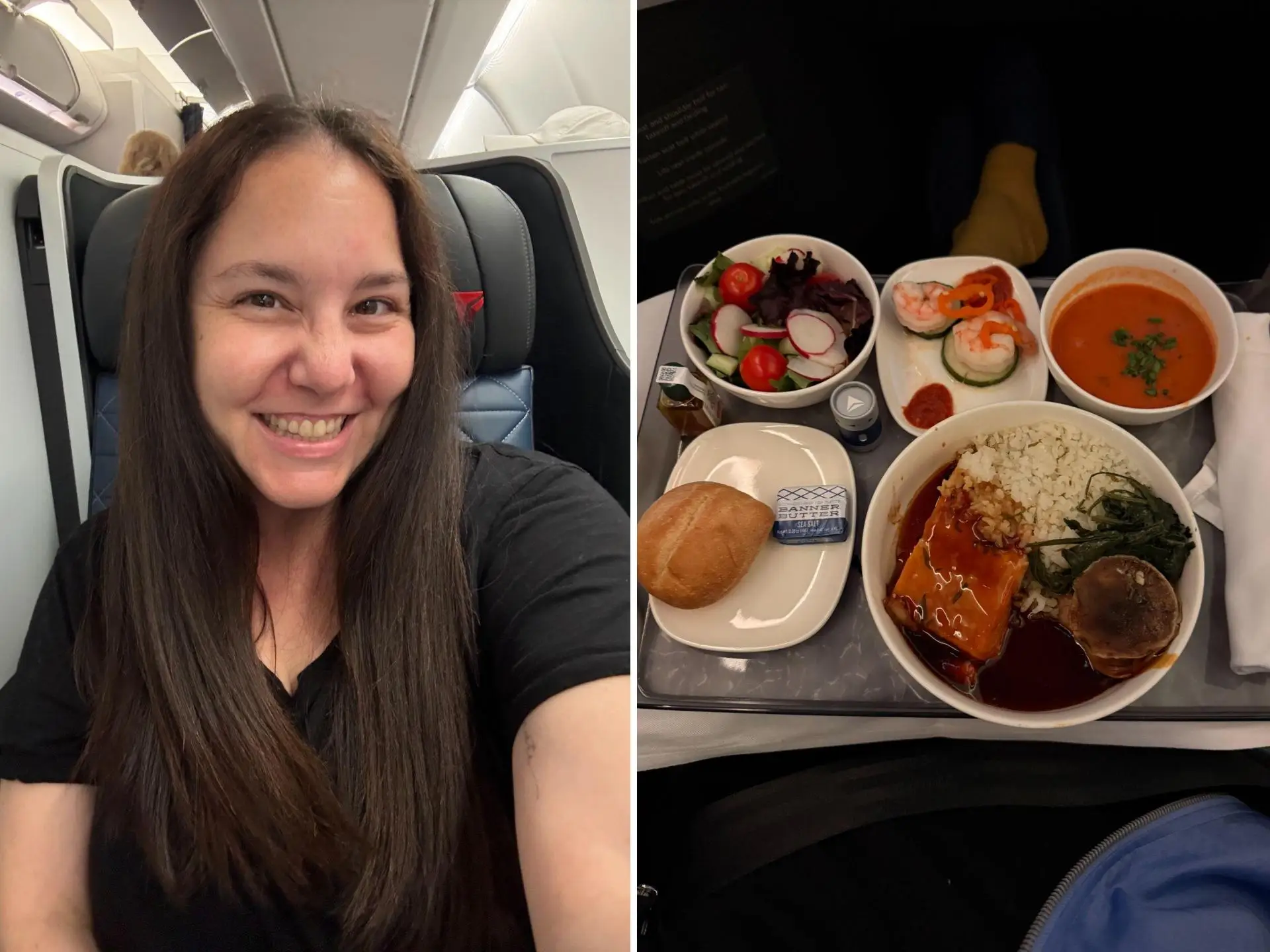 Selfie of a woman in Delta One in a black tshirt stitched with a picture of the Delta One meal.