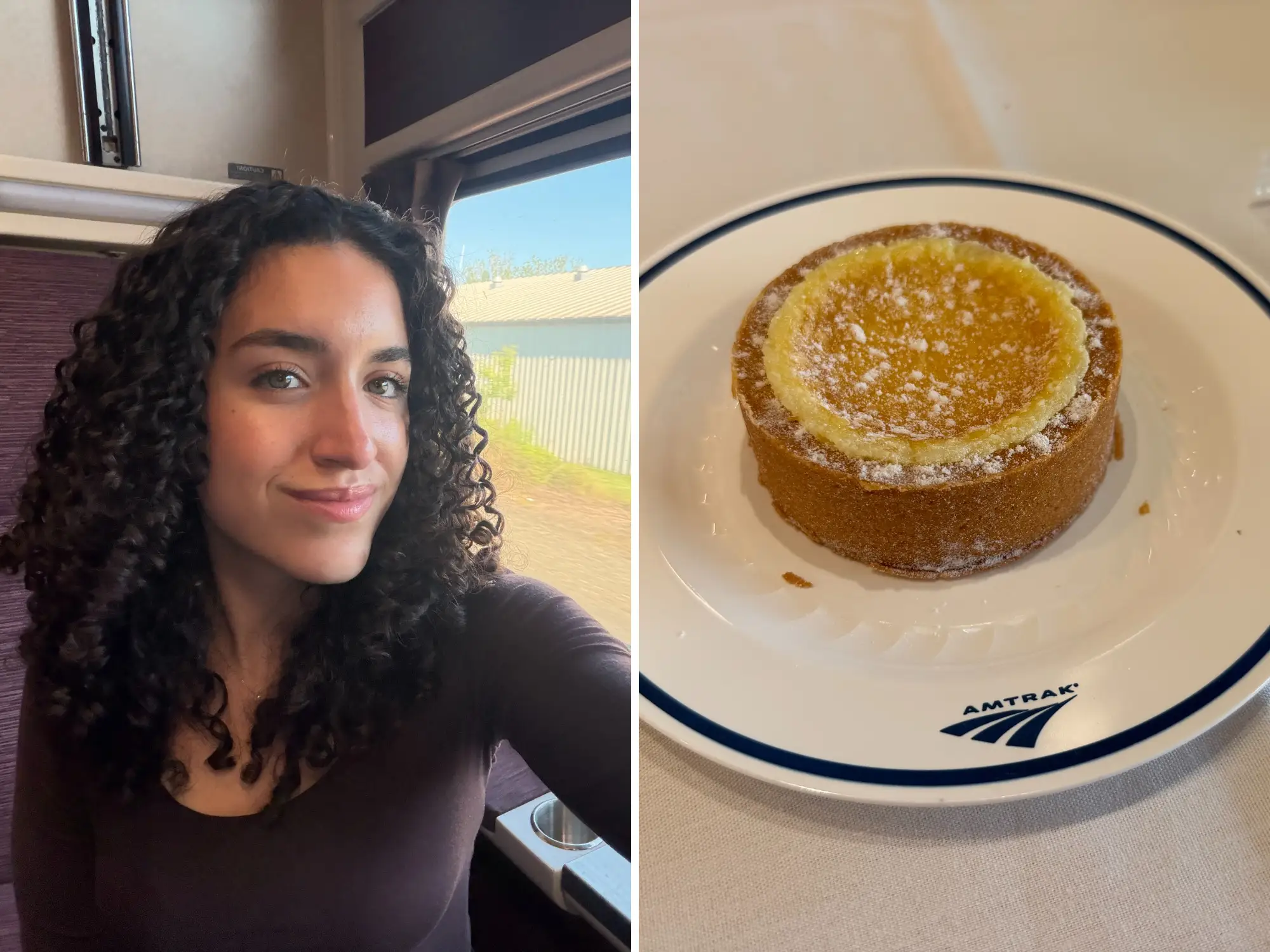 Split image of author and Amtrak butter cake dessert.