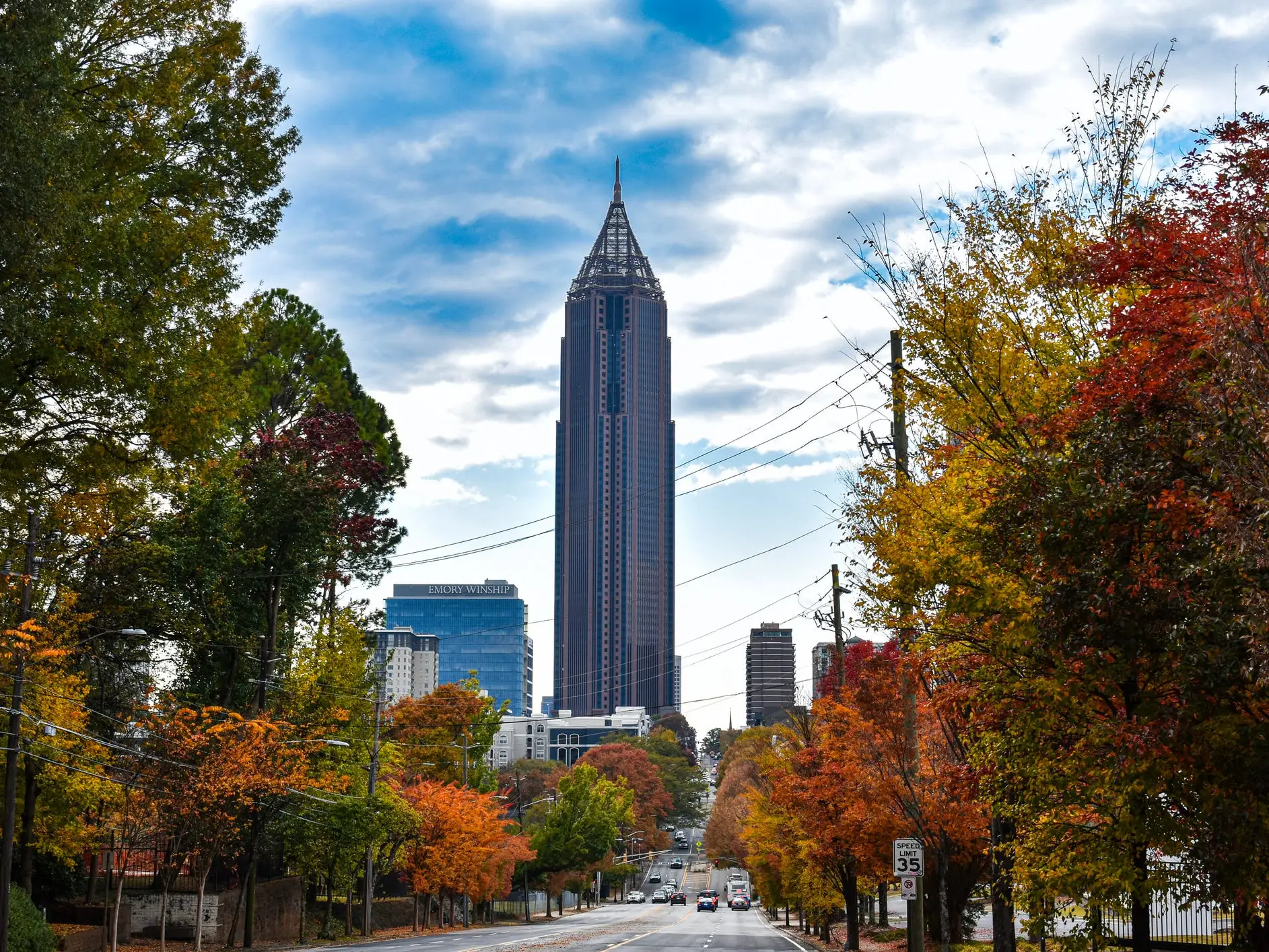 Fall foliage lines the street in Atlanta, with Bank of America Plaza in the background.