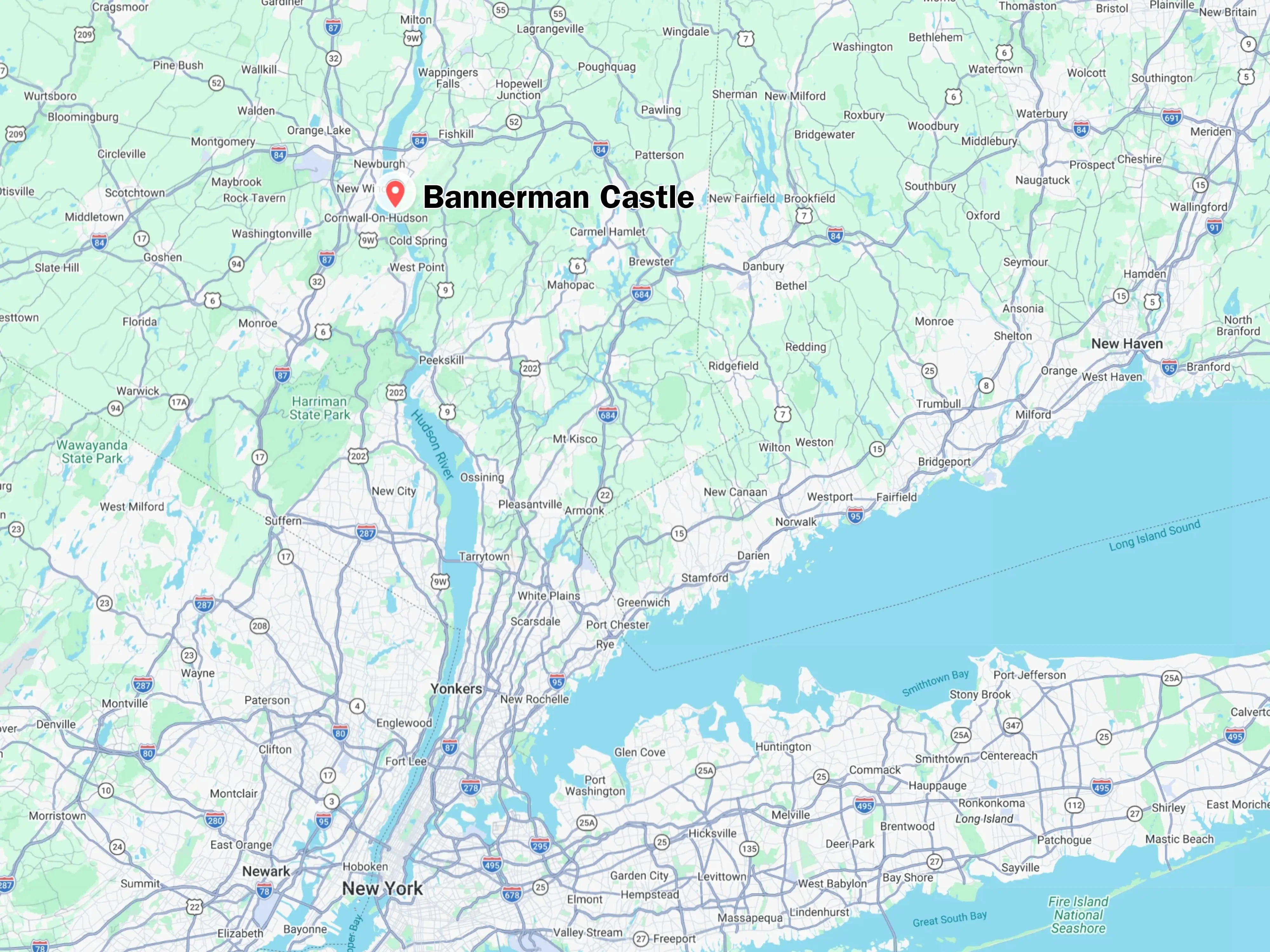 Map of the Hudson Valley and Long Island Sound area with a pin labeled “Bannerman Castle.”
