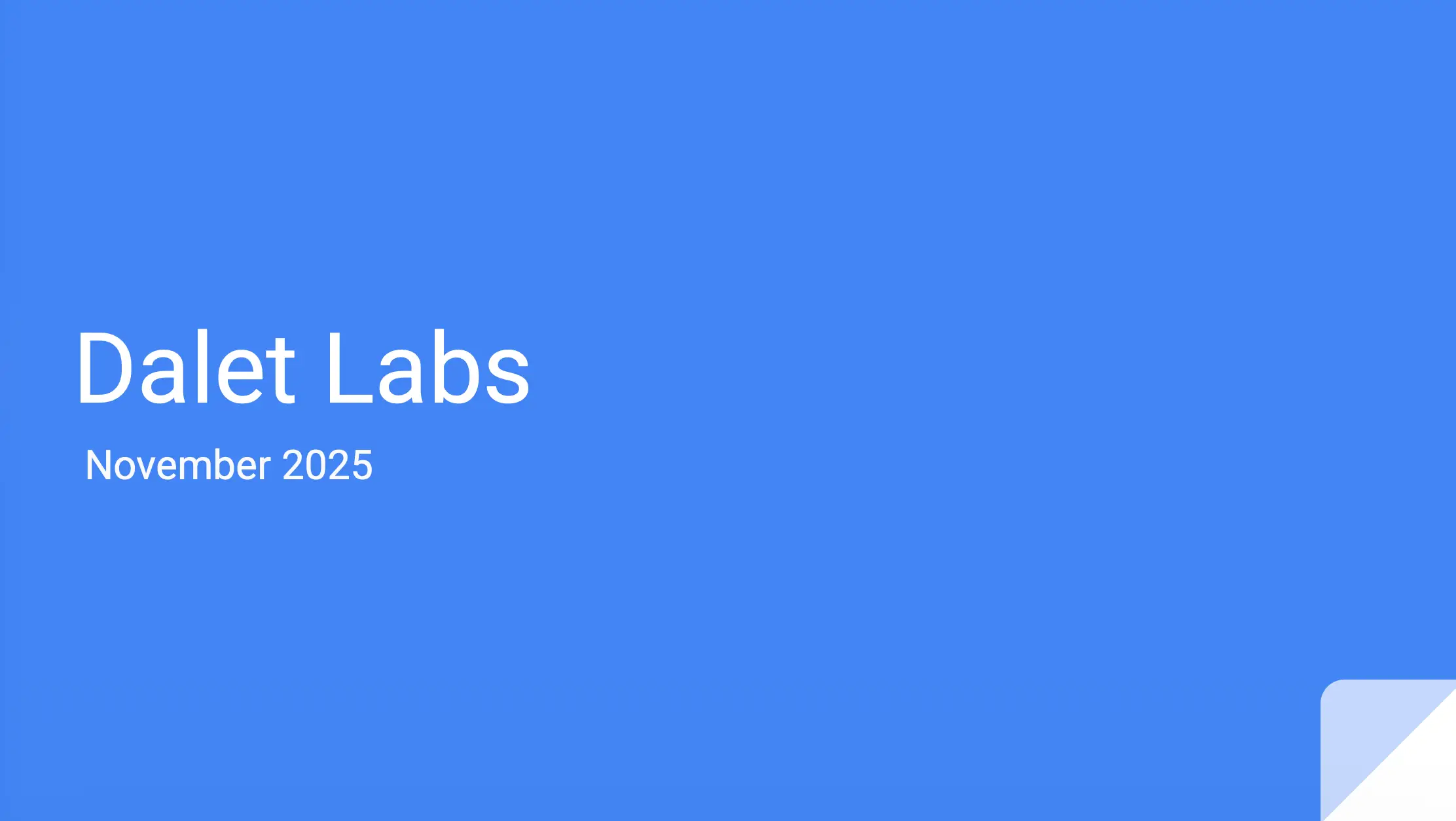 Blue presentation slide titled “Dalet Labs” with the subtitle “November 2025” and a small corner graphic.