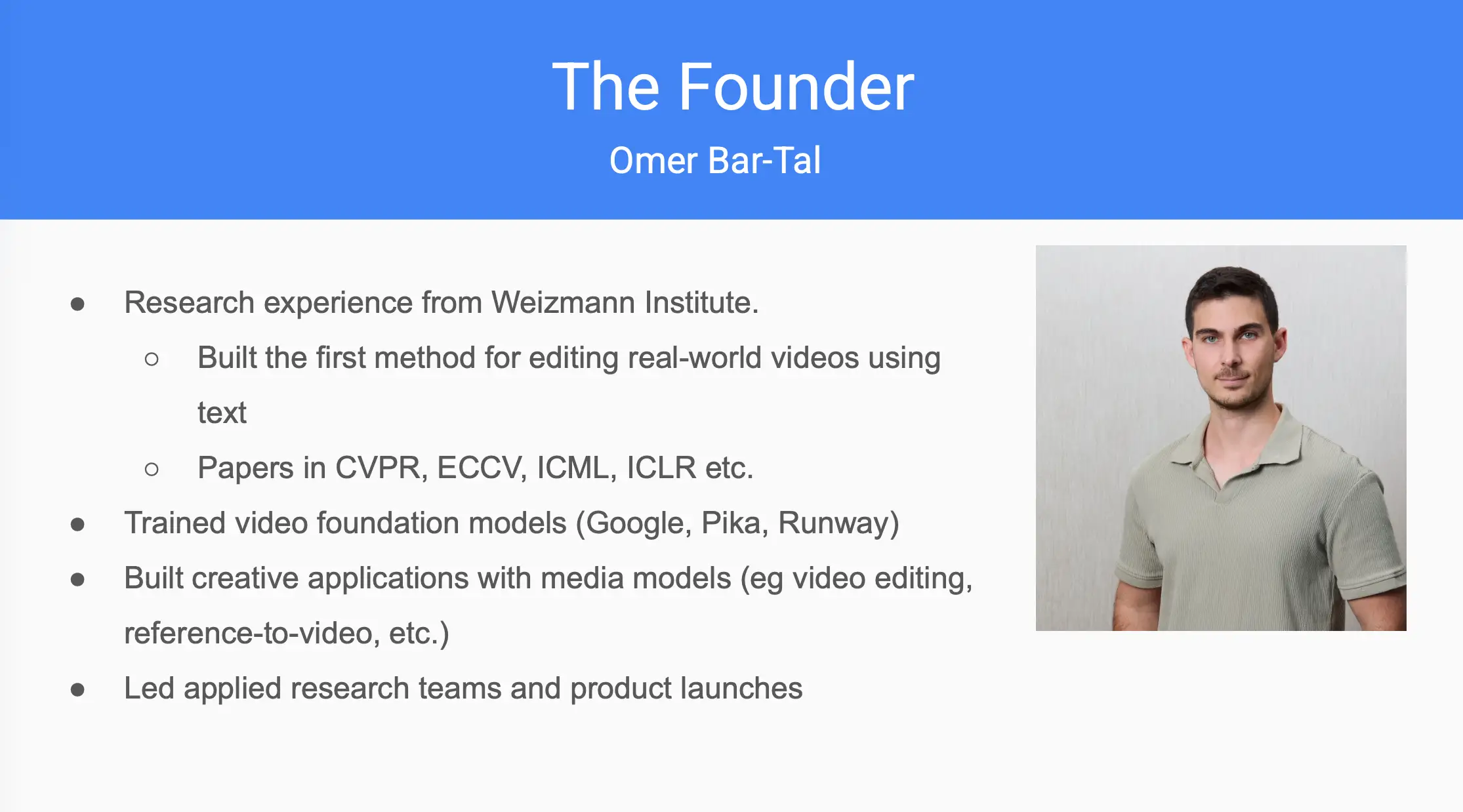 Presentation slide titled “The Founder” introduces Omer Bar-Tal with research experience bullet points and a portrait.
